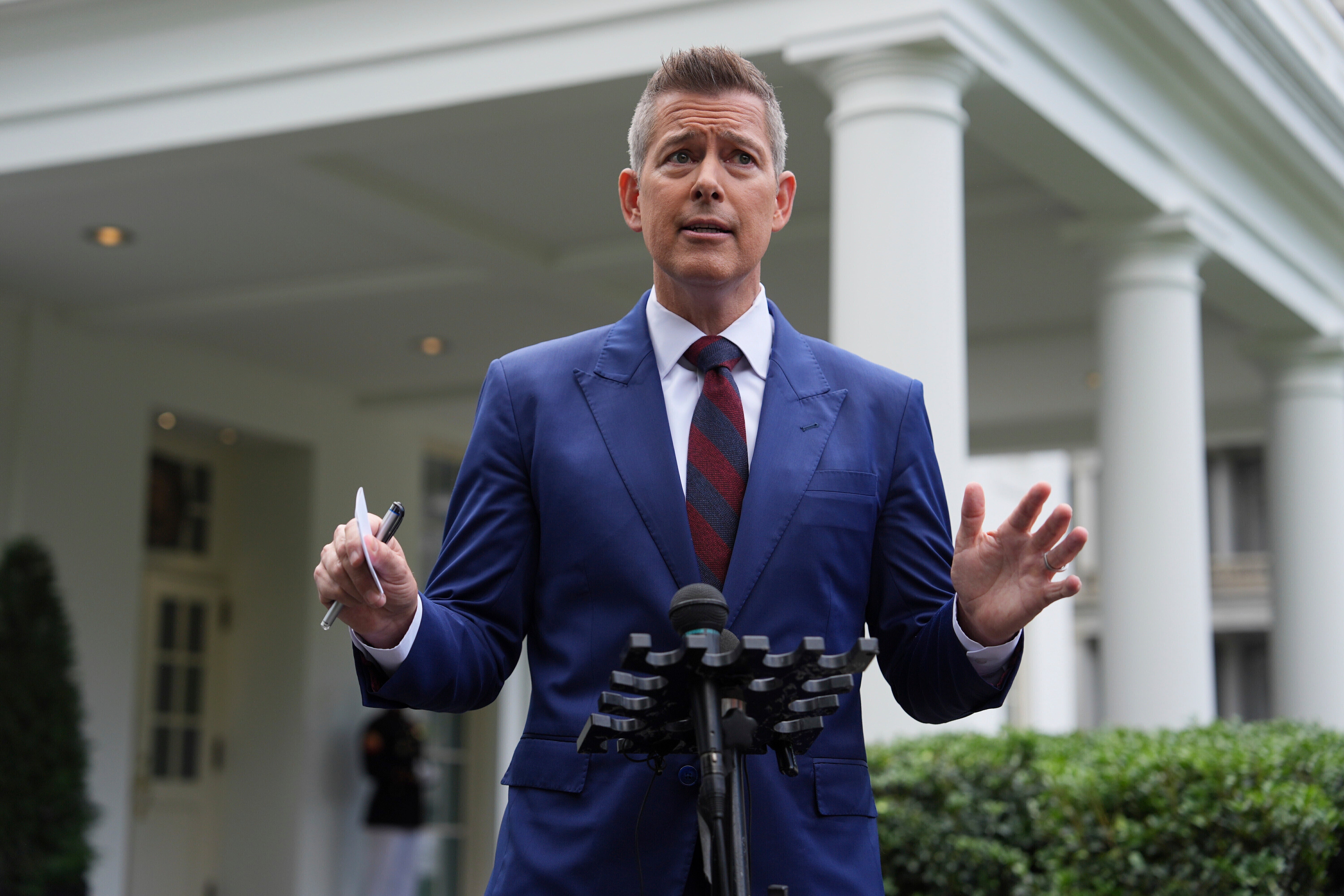 Transport Secretary Sean Duffy speaks outside of the White House in March