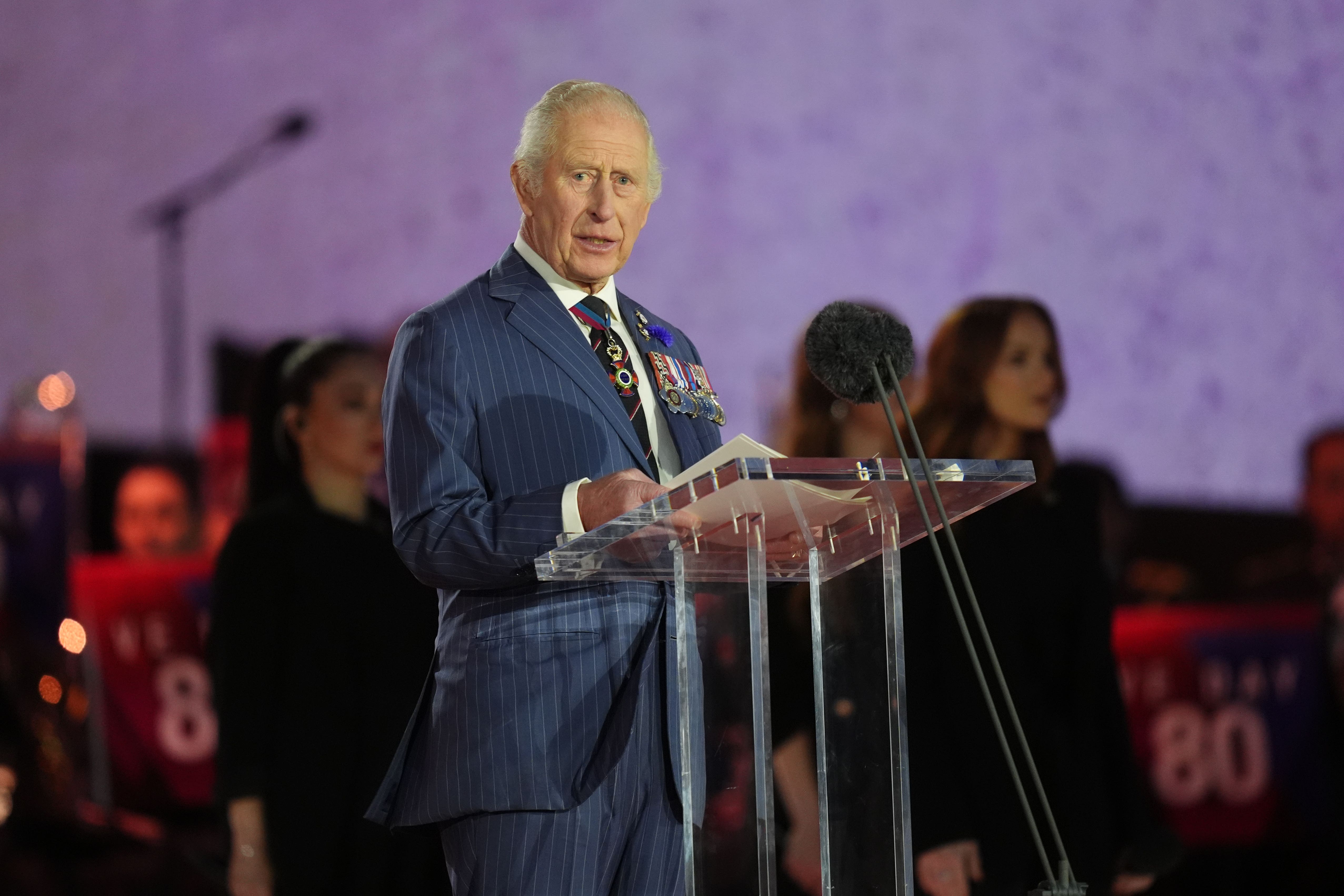 The King speaks during the concert celebrating the 80th anniversary of VE Day (Ben Whitley/PA)