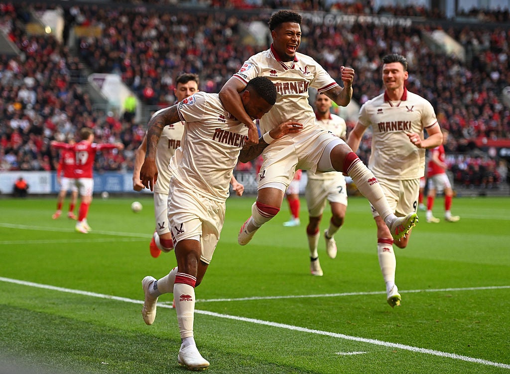 Tyrese Campbell celebrates a goal with Rhian Brewster
