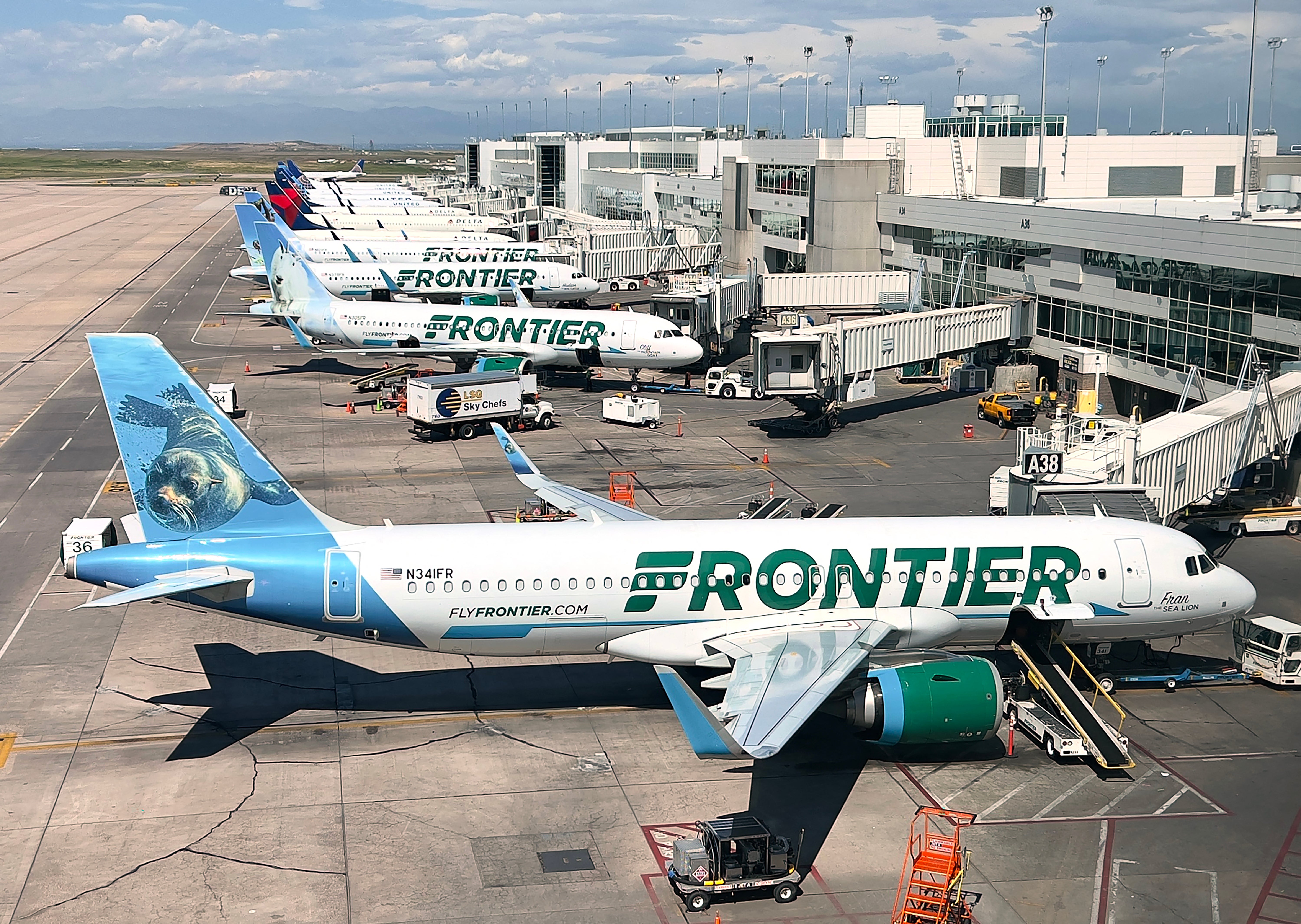 Frontier’s new service to Myrtle Beach begins on July 10. Above are Frontier aircraft at Denver Airport