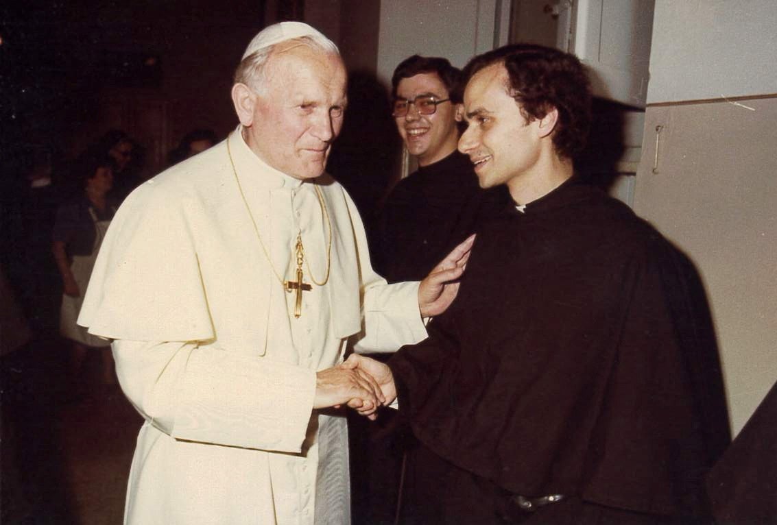 Undated picture of Robert Prevost, now Pope Leo XIV, with late former Pope John Paul II