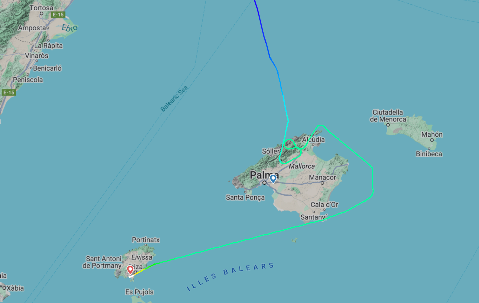 Around the houses: Flightpath of Ryanair arrival from Prestwick, which diverted from Palma to Ibiza