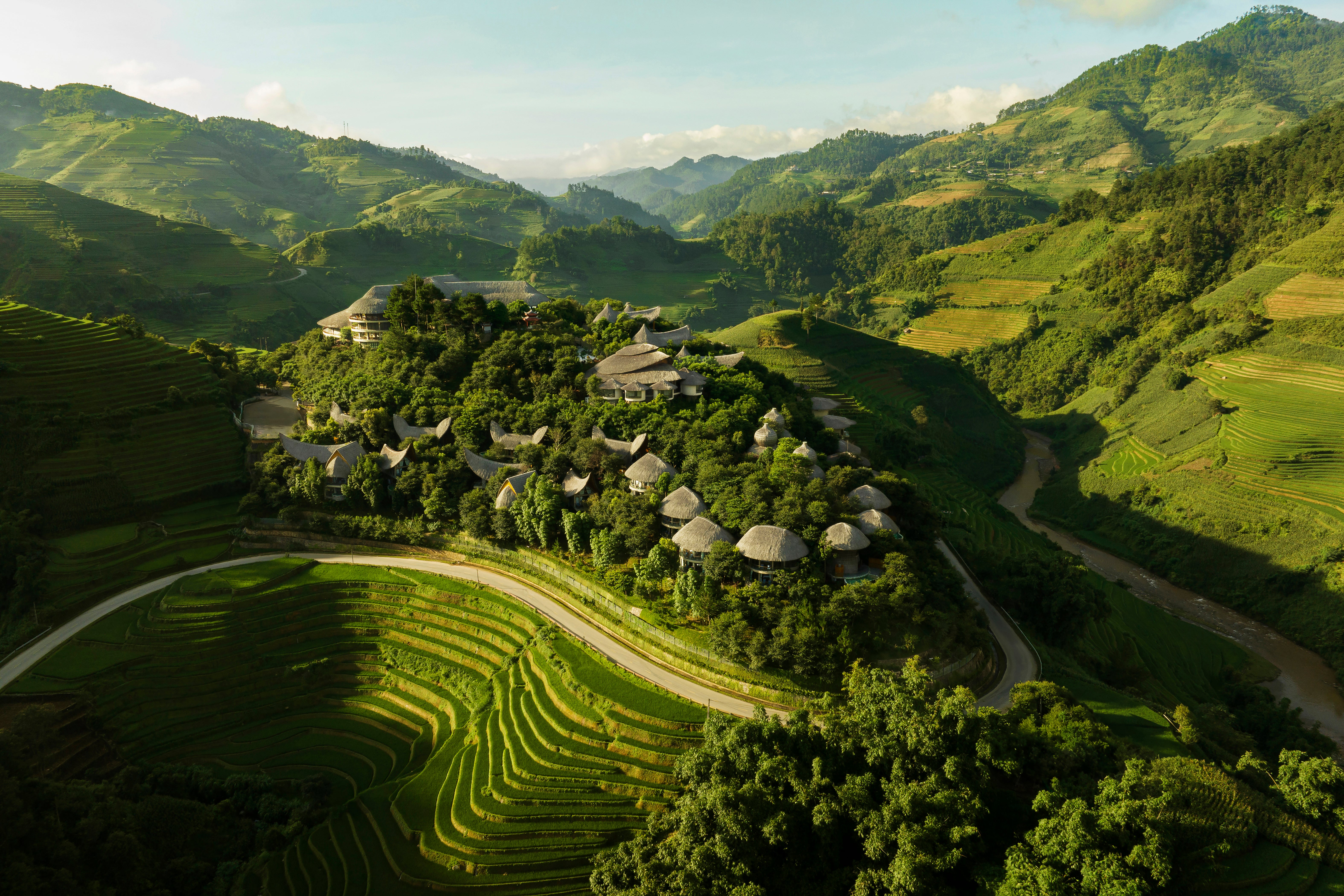 Garrya Mu Cang Chai Resort overlooks rice terraces, which, when viewed from above, look like a topographical map