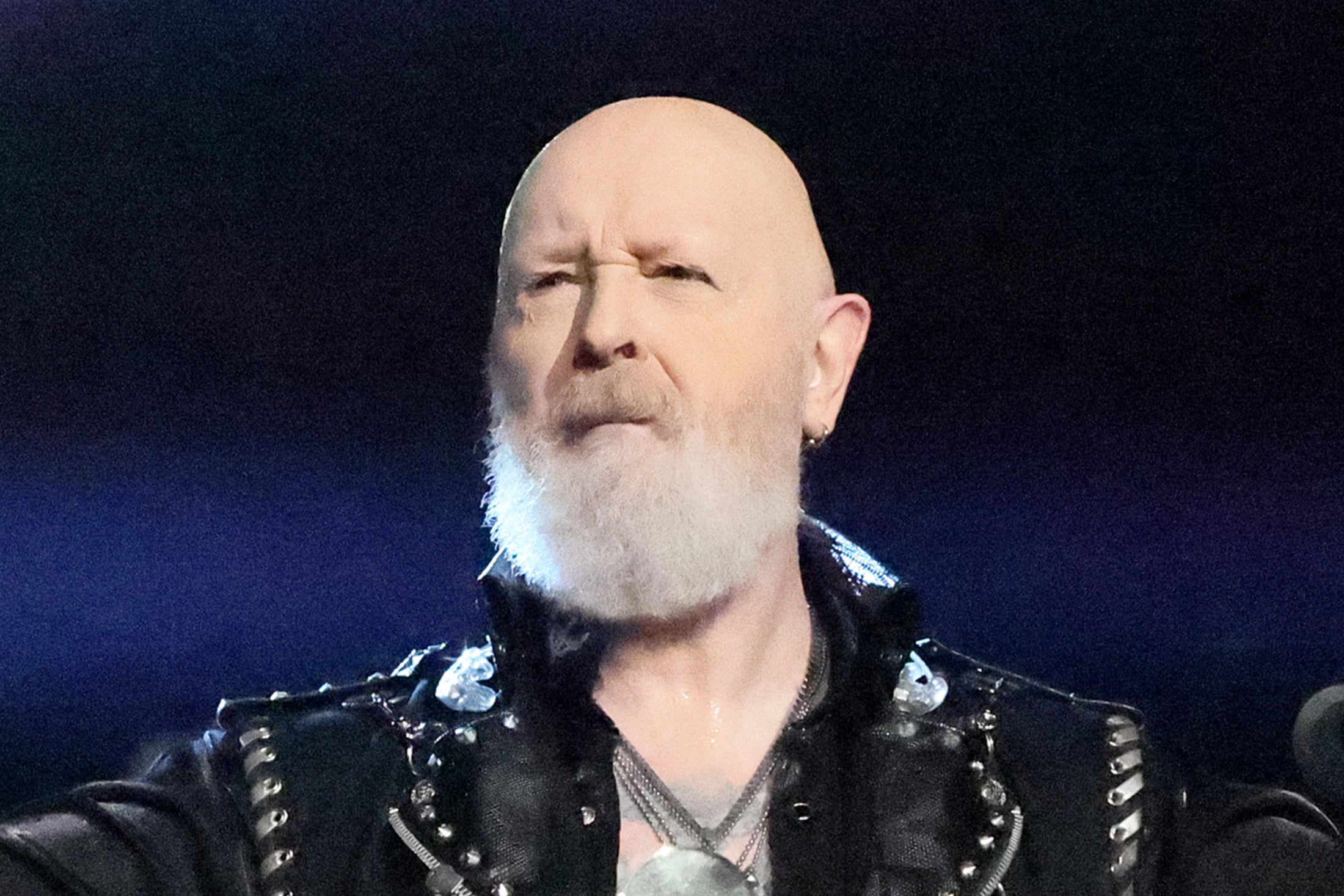 Rob Halford of Judas Priest speaking at the Rock & Roll Hall of Fame Induction Ceremony in LA in November2022