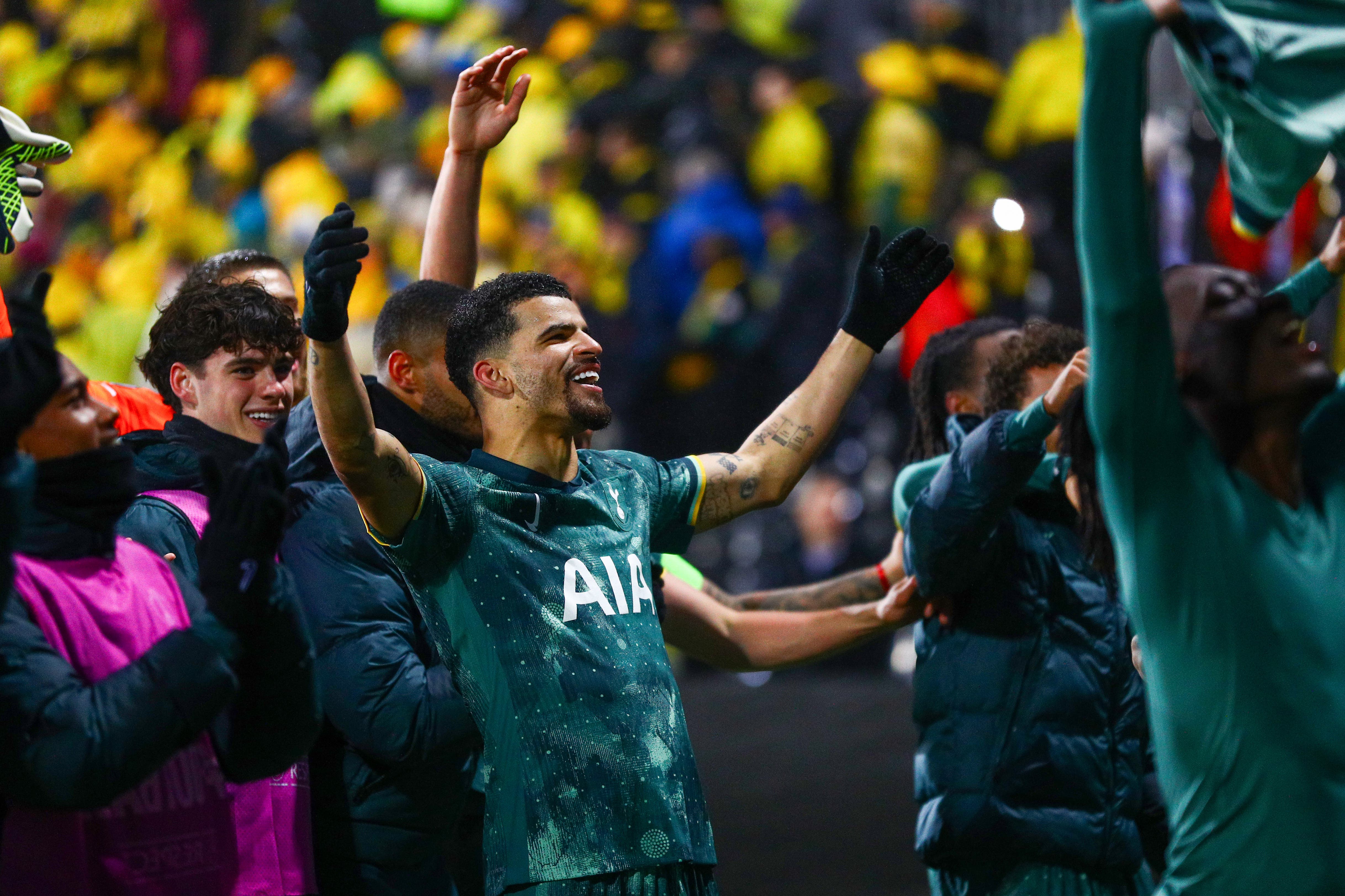 Dominic Solanke celebrates with Tottenham’s fans at Bodo/Glimt (PA Wire via NTB)