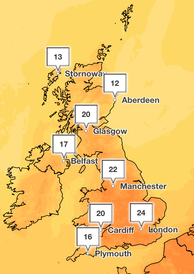 Temperatures will peak in the mid twenties around the south east of England
