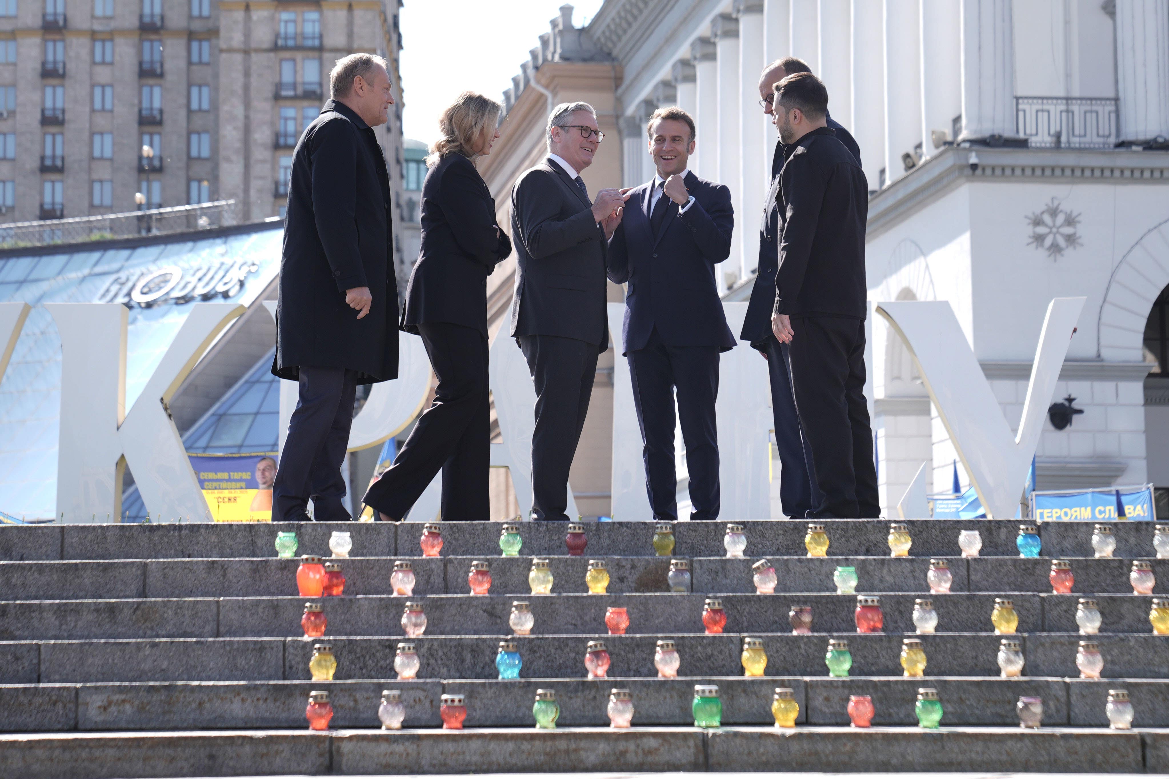 From left, Poland’s Prime Minister Donald Tusk, Ukrainian first lady Olena Zelenska, Sir Keir Starmer, French President Emanuel Macron, German Chancellor Friedrich Merz and Ukrainian President Volodymyr Zelensky in Maidan Square in Kyiv (Stefan Rousseau/PA)