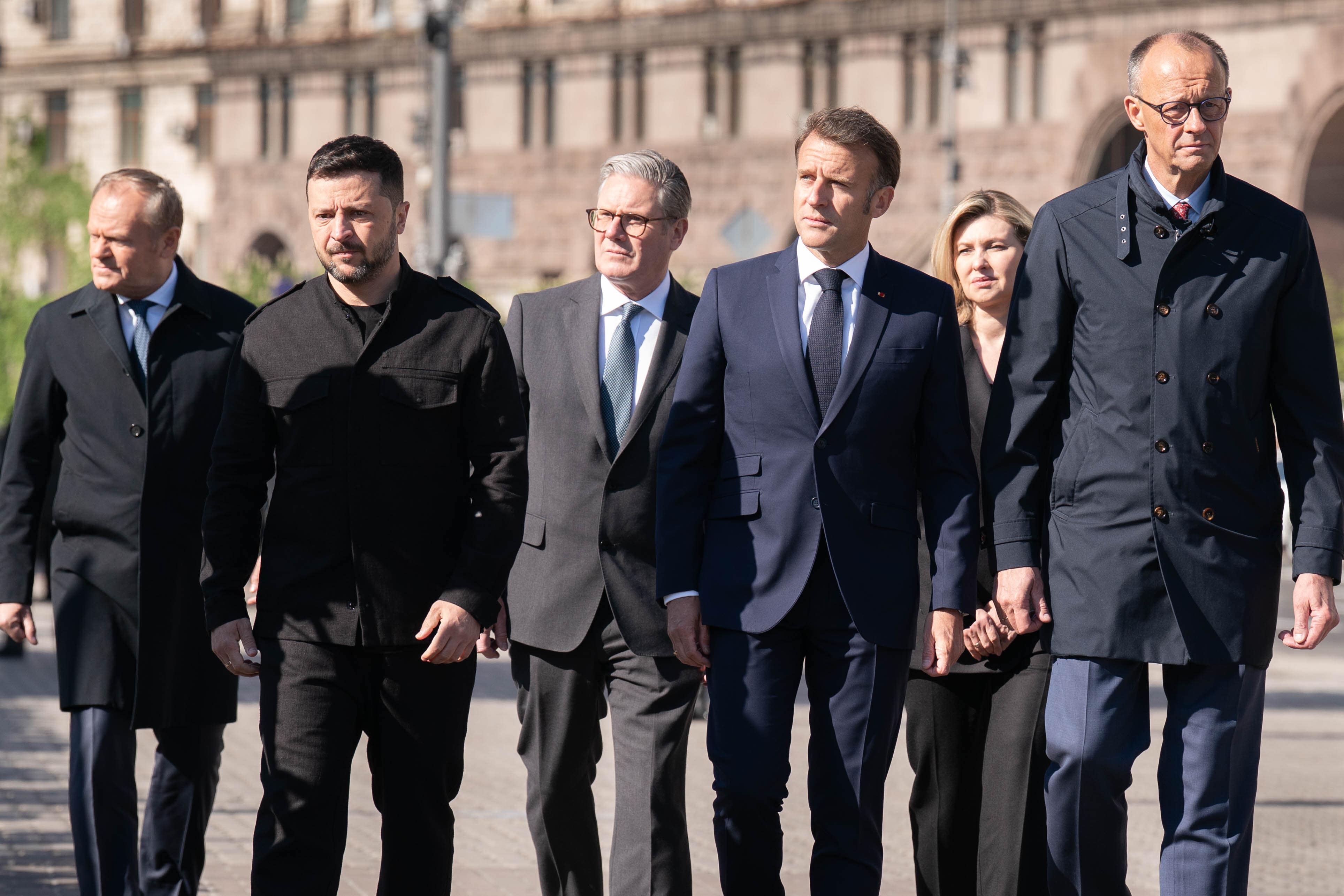 (left to right) Poland’s Prime Minister Donald Tusk, Ukrainian President Volodymyr Zelensky, Prime Minister Sir Keir Starmer, French President Emmanuel Macron, Ukrainian President Volodymyr Zelensky’s wife Olena Zelenska and German Chancellor Friedrich Merz in Maidan Square in Kyiv (Stefan Rousseau/PA)