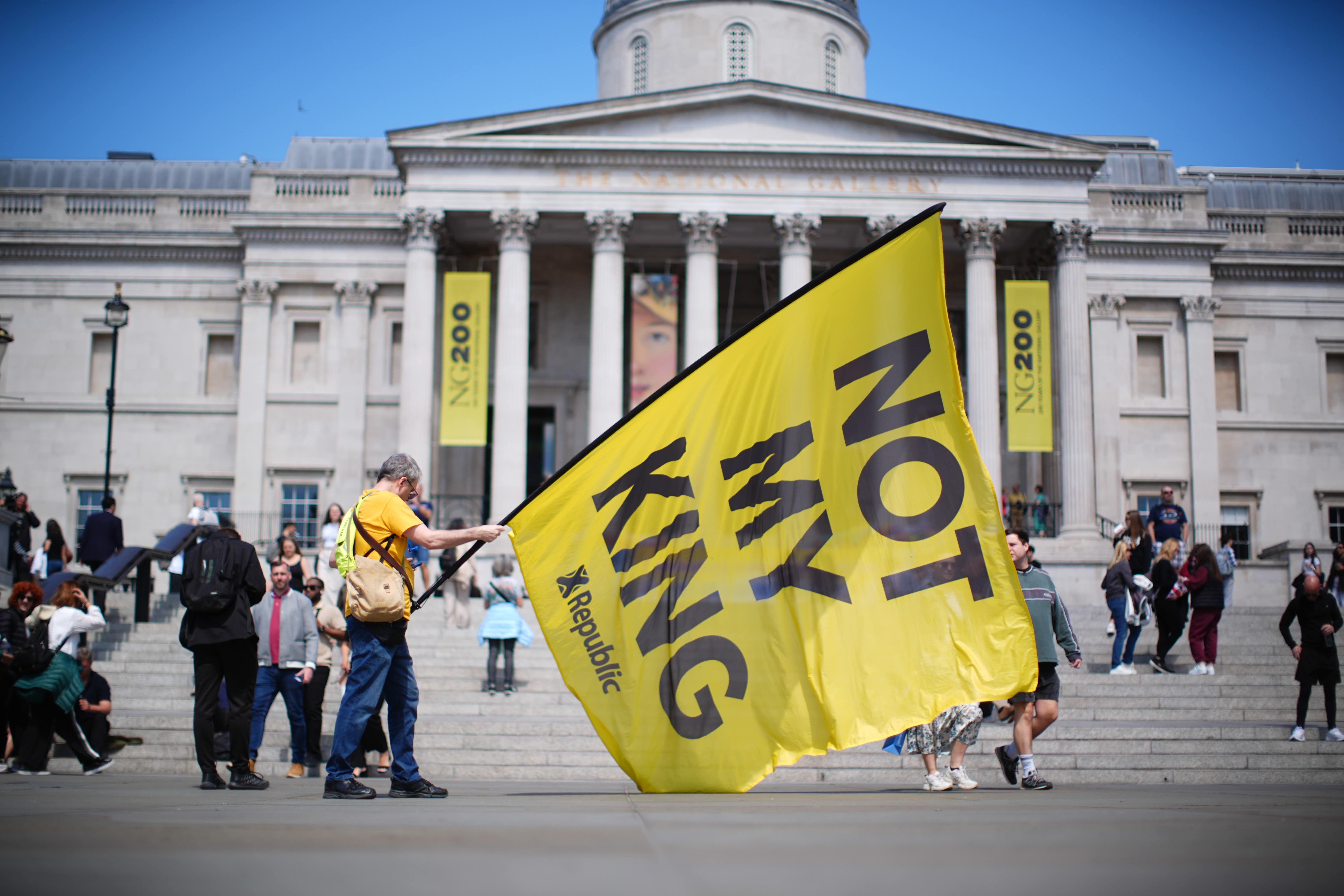Several hundred people gathered in Trafalgar Square on Saturday for the anti-monarchy demonstration (James Manning/PA)
