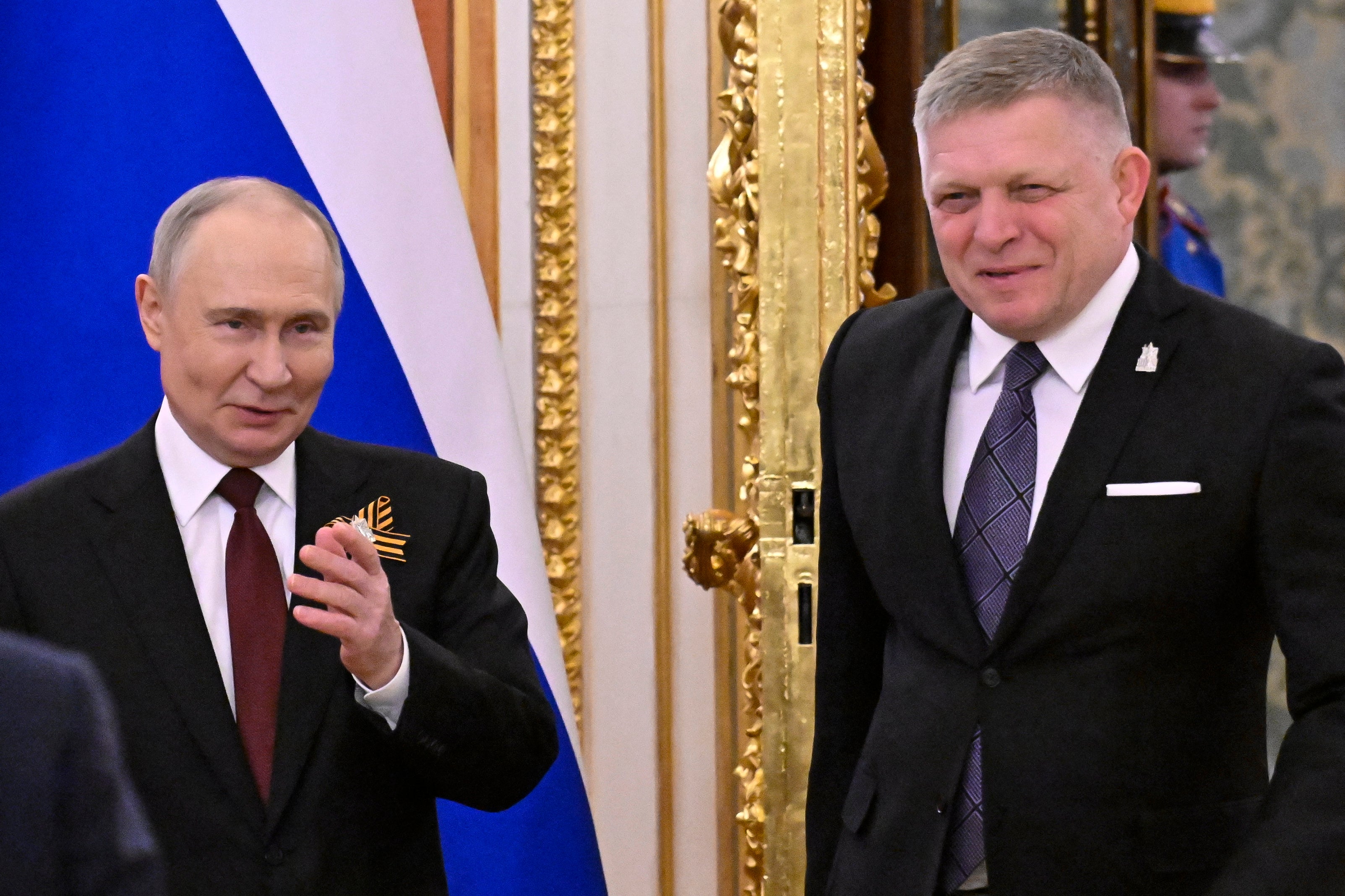 Russian President Vladimir Putin meets with Slovak Prime Minister Robert Fico at the Kremlin in Moscow on May 9, 2025. (Photo by Alexander NEMENOV / POOL / AFP) (Photo by ALEXANDER NEMENOV/POOL/AFP via Getty Images)