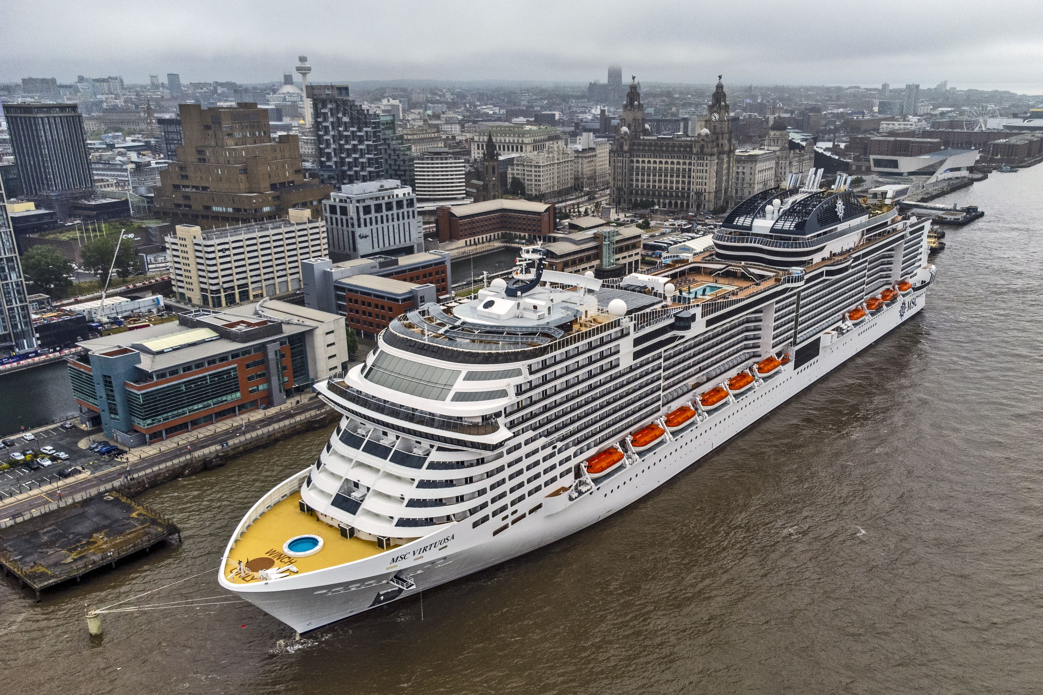 The cruise ship MSC Virtuosa moored at Liverpool Cruise Terminal
