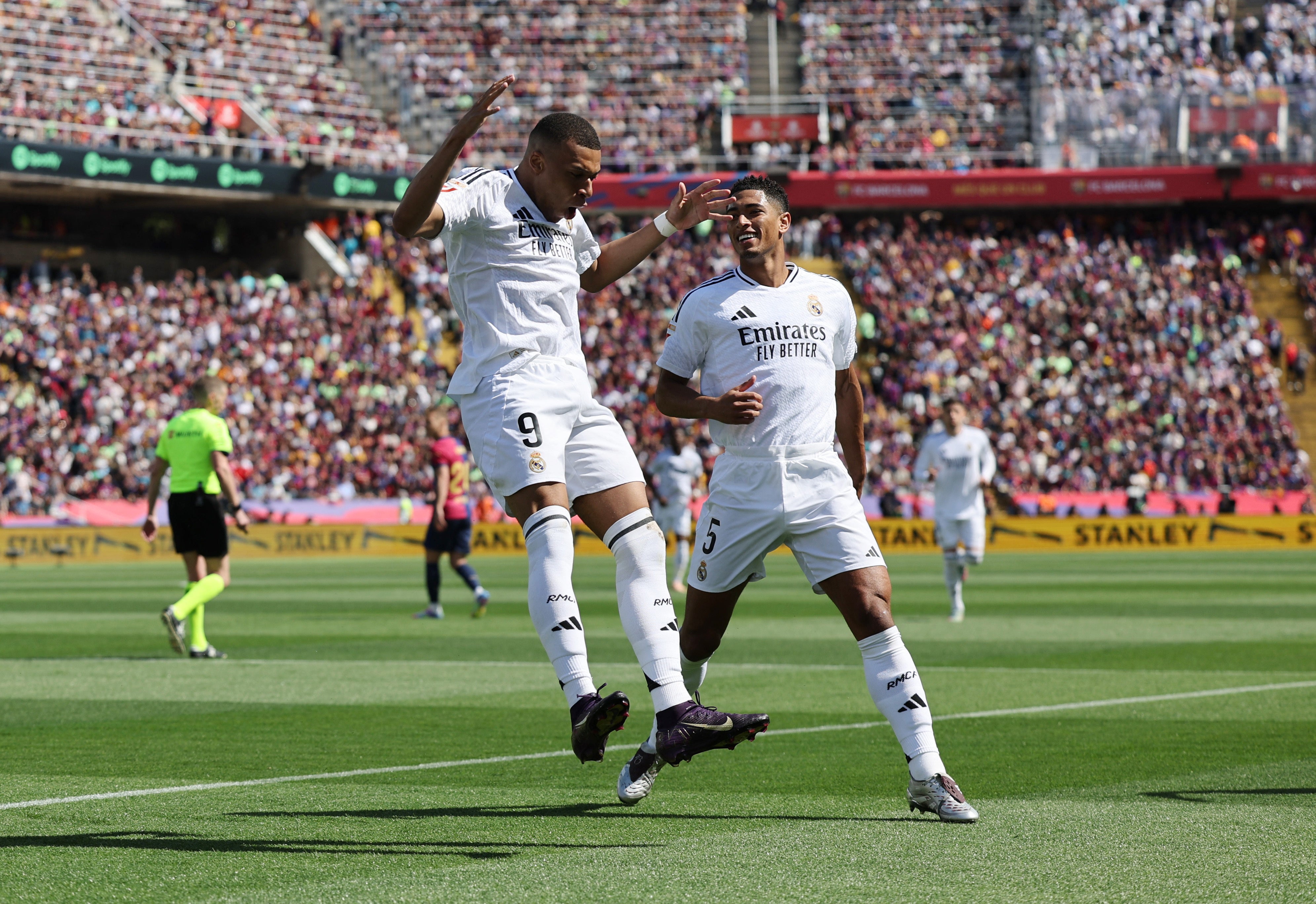 Kylian Mbappe celebrates against Barcelona in El Clasico