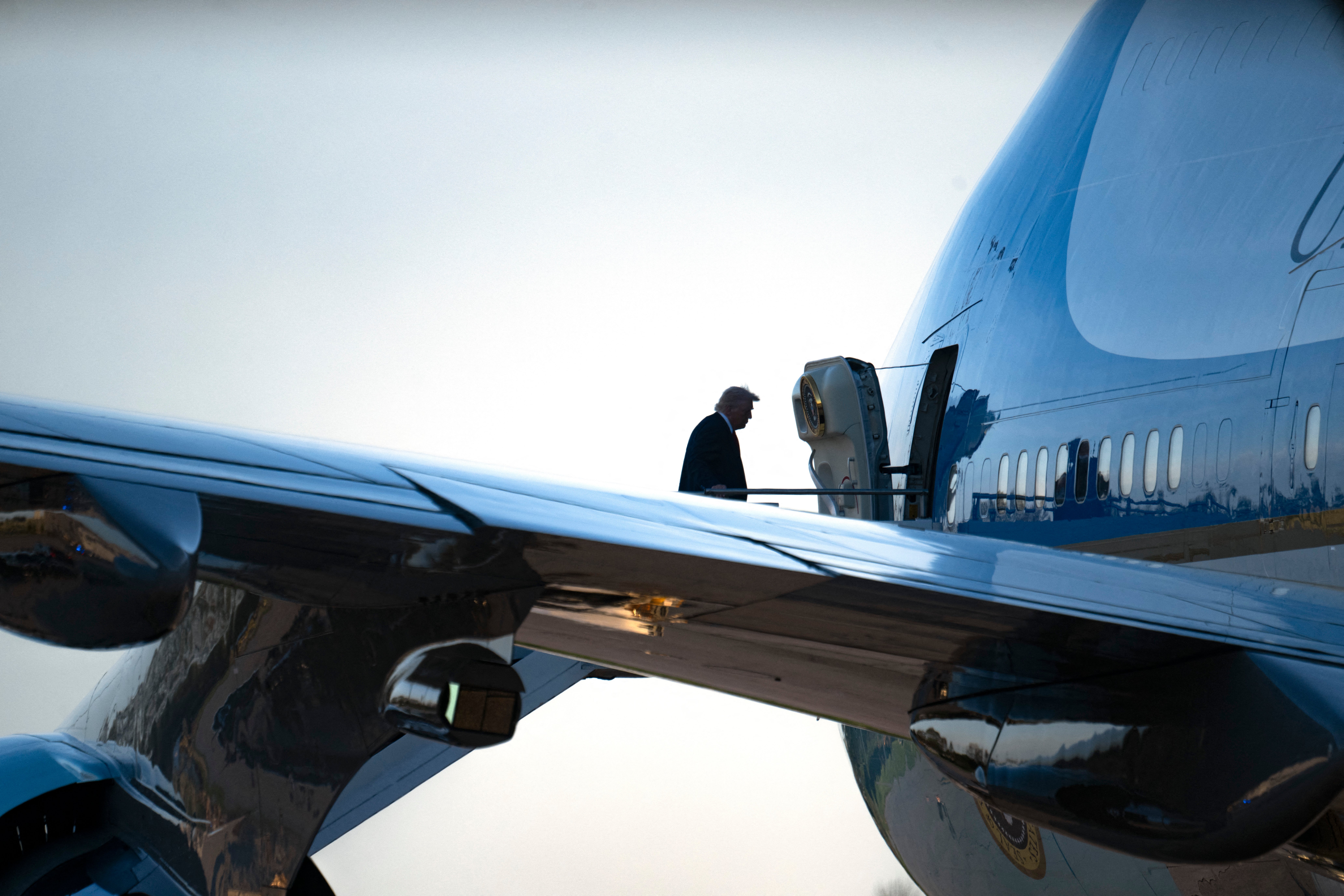 President Donald Trump boards Air Force One at Selfridge Air National Guard Base in Warren, Michigan