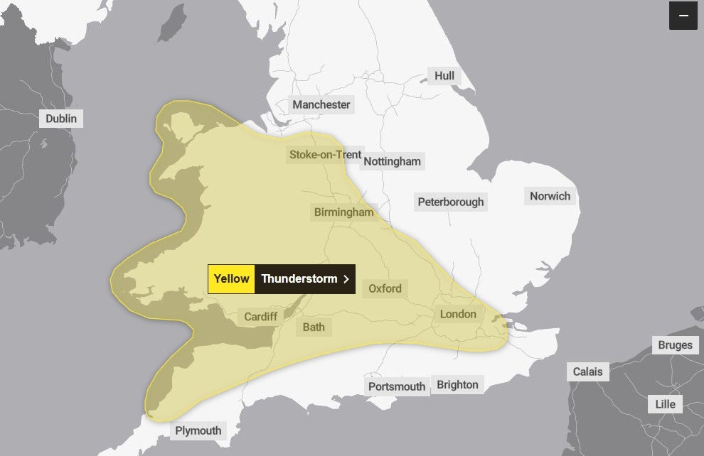 The warning covers areas including Wales, the Midlands, West Country and London