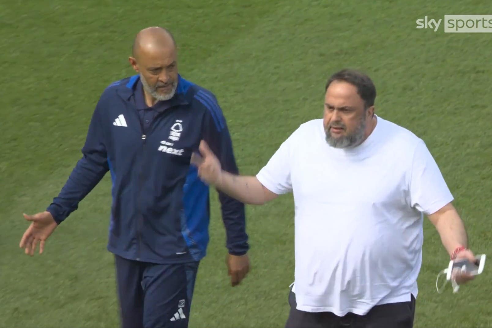 Forest owner Evangelos Marinakis stormed the pitch to vent his frustration after points were dropped in the race for Champions League