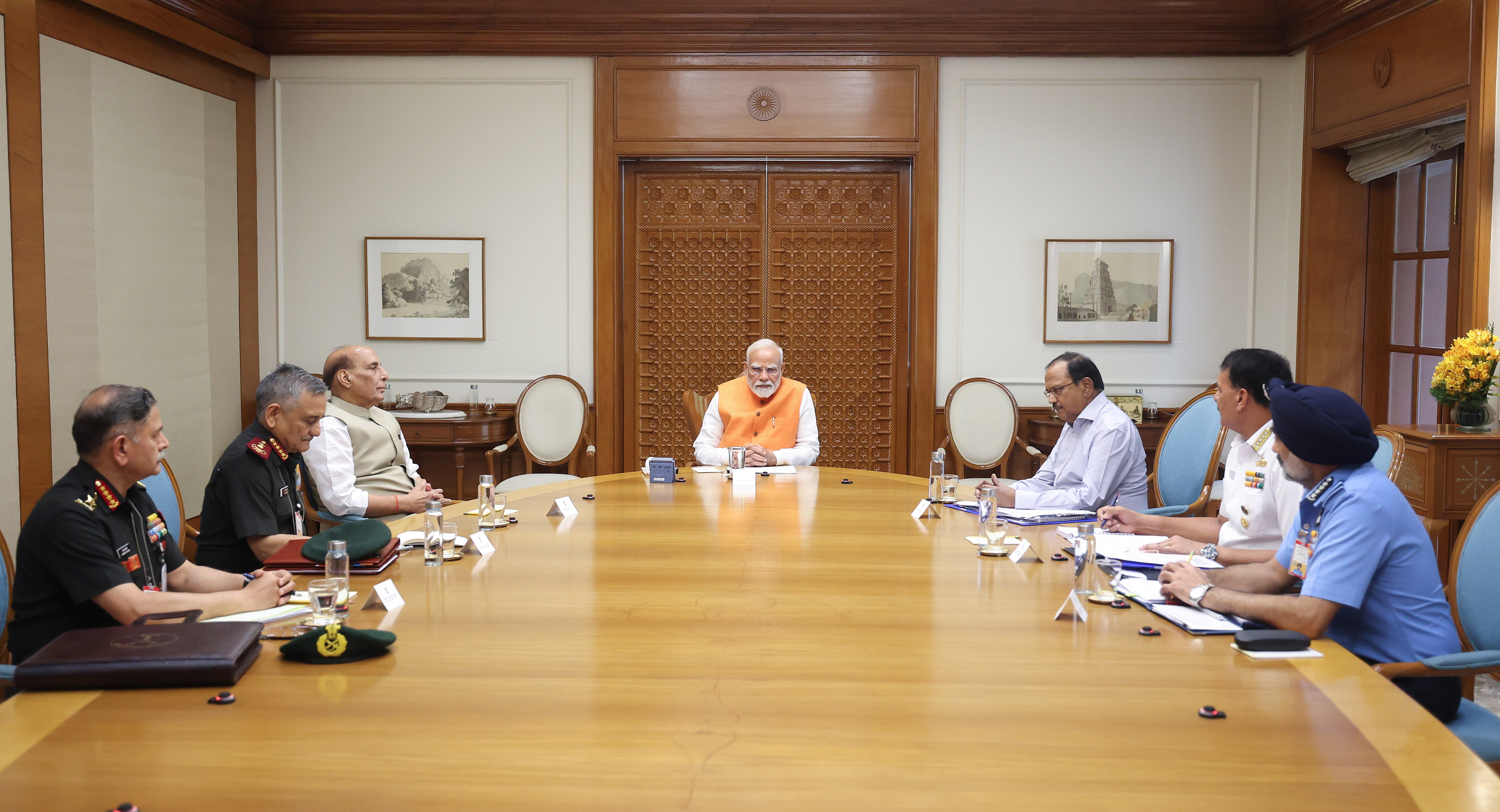 Indian prime minister Narendra Modi holds a security meeting with top security officials and IAF chief Amar Preet Singh