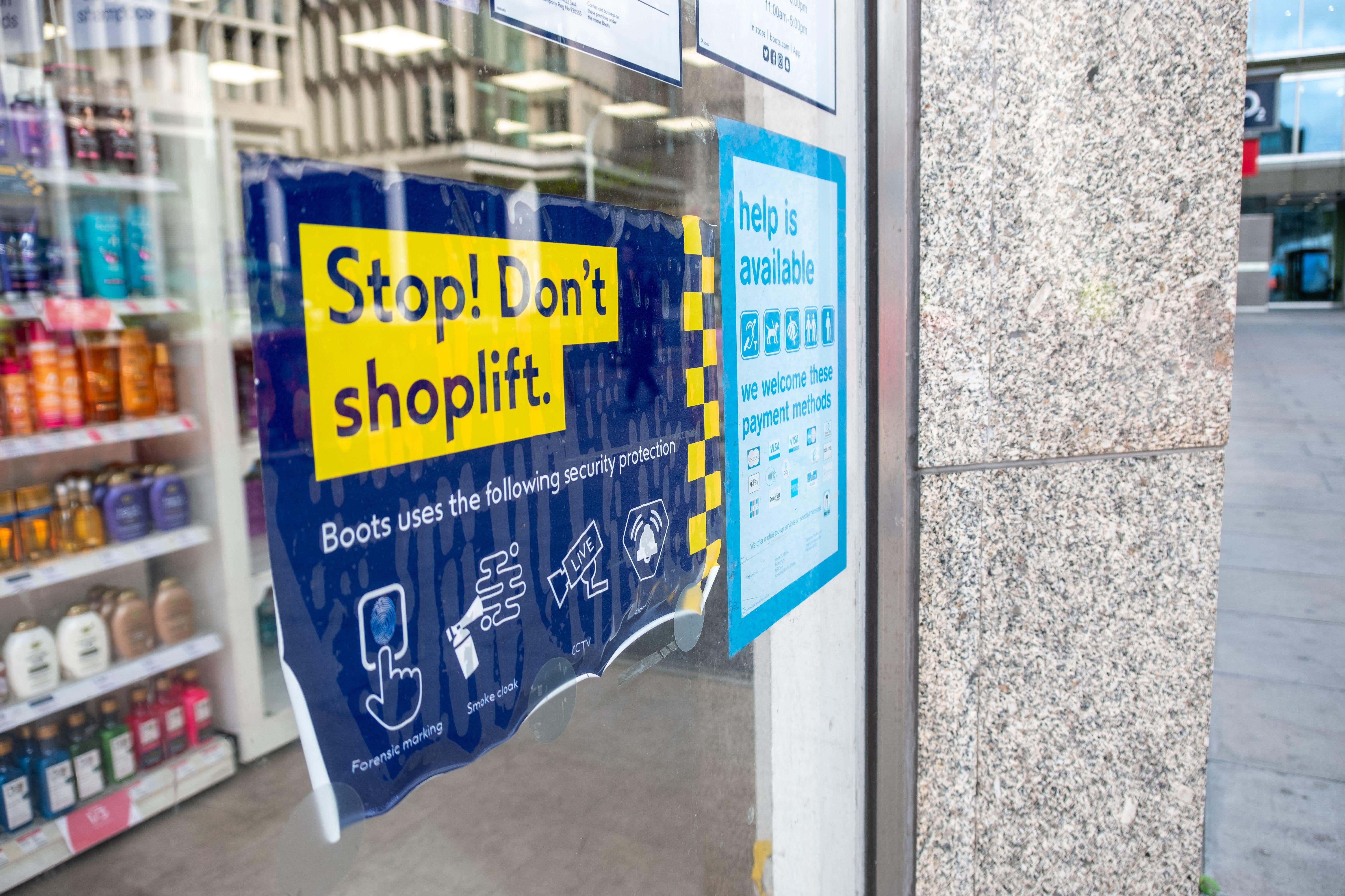 A ‘Stop, Don’t Shoplift’ sign at a Boots shop in central London