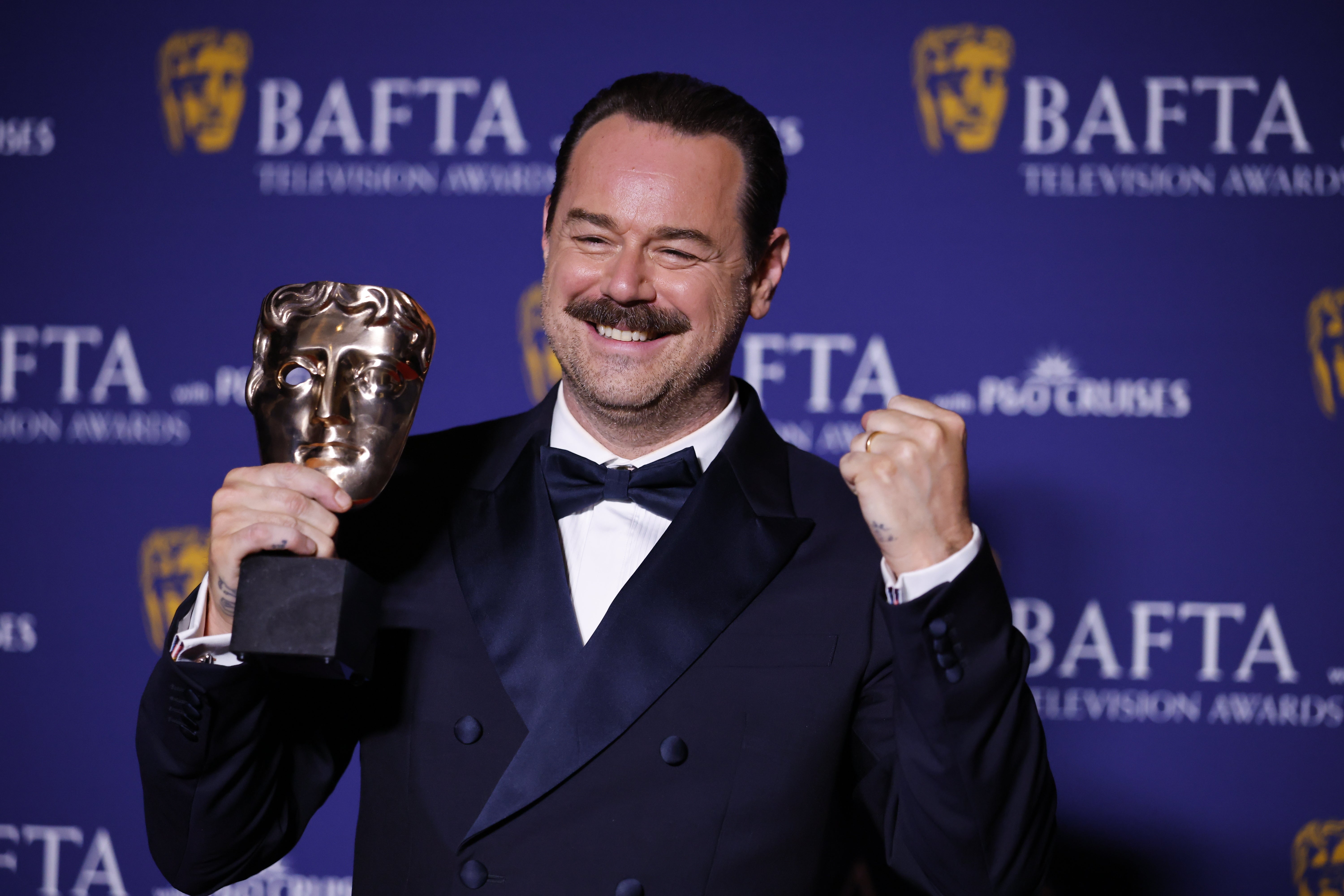 Danny Dyer, after winning the Male Performance in a Comedy Programme Award for 'Mr Bigstuff' at the 2025 Bafta TV Awards