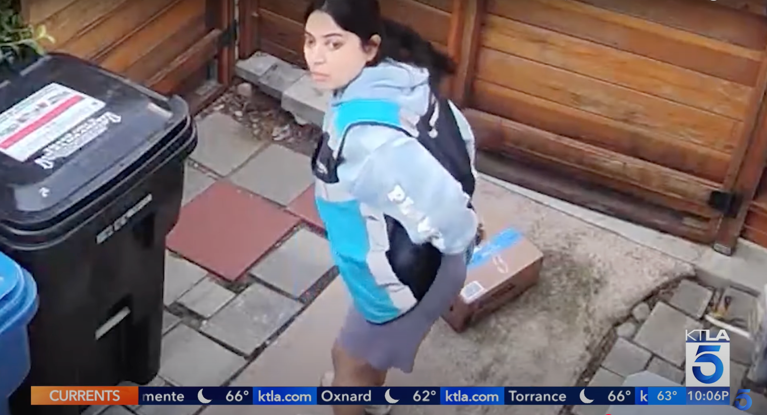 Home security footage shared with KTLA shows a woman relieving herself after delivering a package at two separate Los Angeles residences