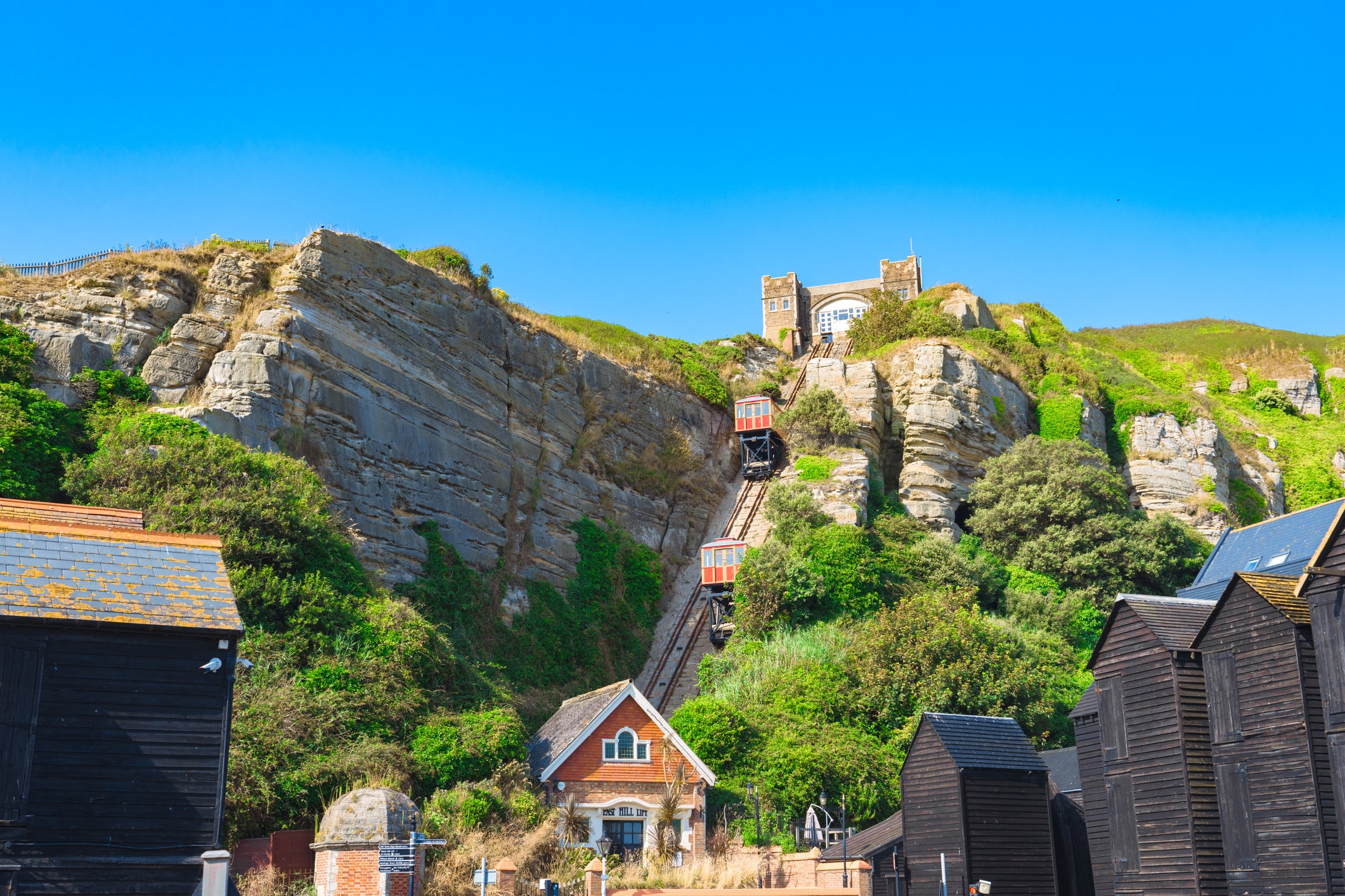 The funicular railway affords far-reaching views of Hastings in East Sussex