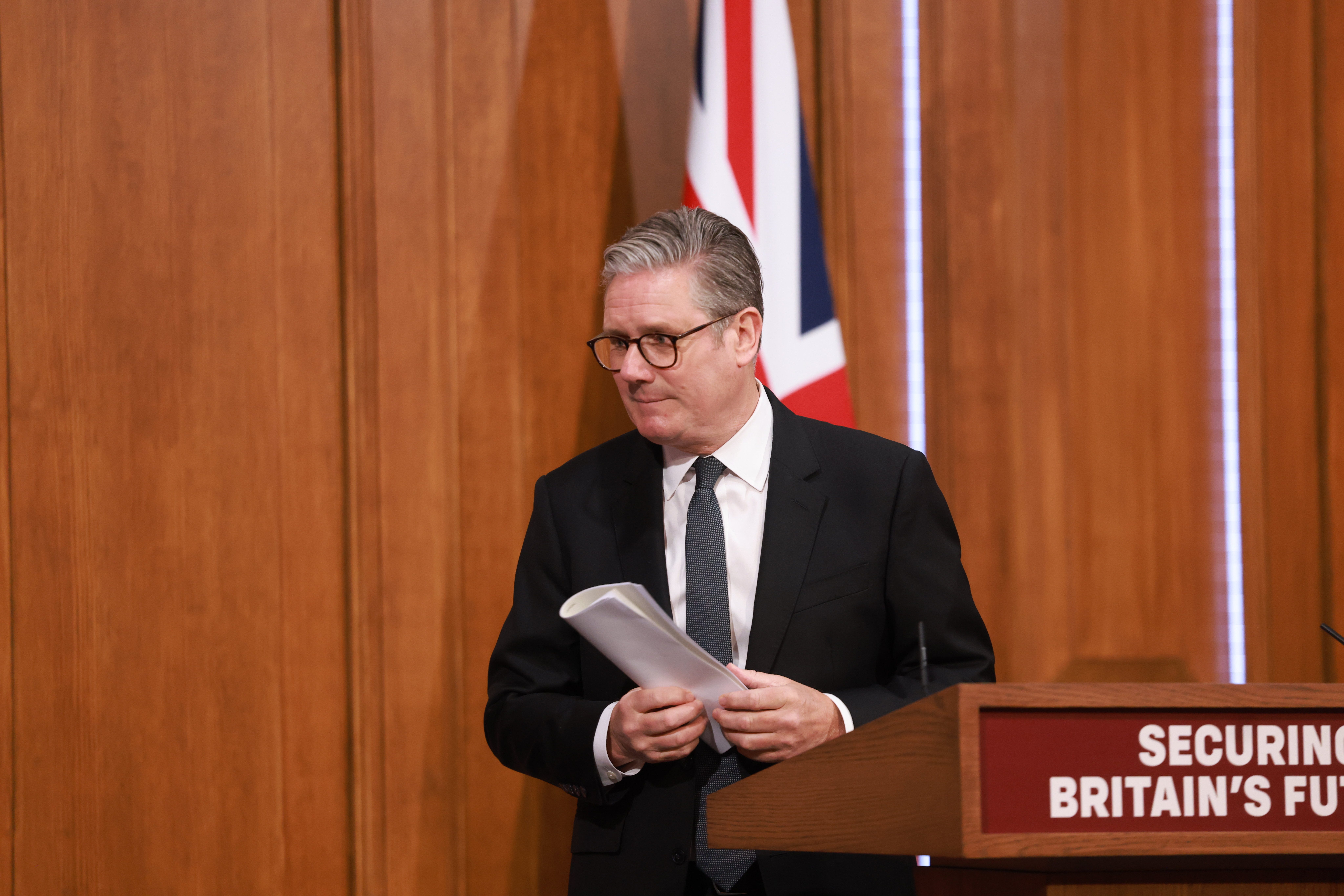 Prime Minister Sir Keir Starmer at the end of a press conference on the Immigration White Paper in the Downing Street Briefing Room in London (Ian Vogler/PA)