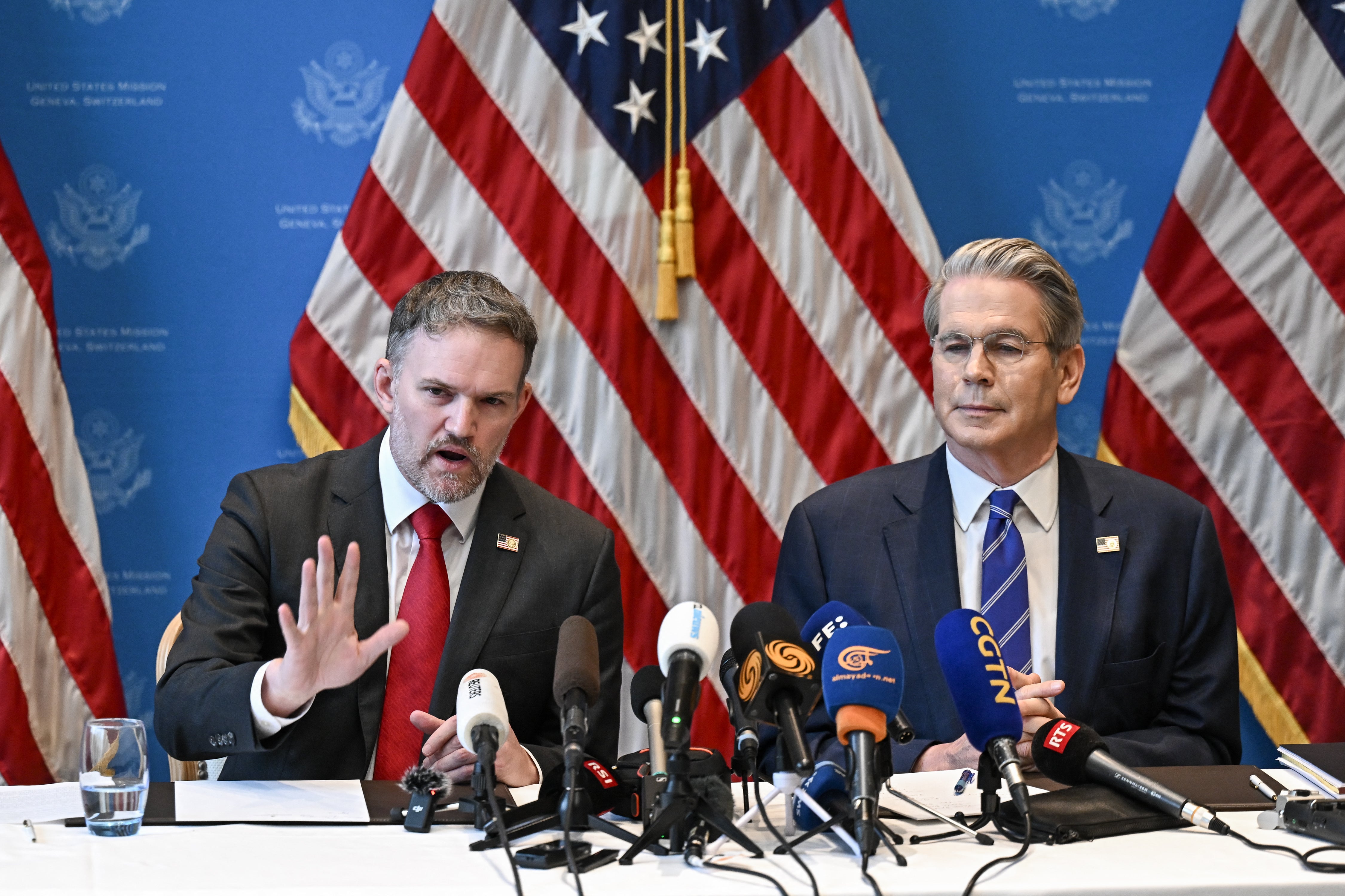 US Treasury Secretary Scott Bessent (R) and US Trade Representative Jamieson Greer hold a news conference in Geneve on May 12, 2024, to give details of "substantial progress" following a two-day closed-door meeting between US and China top officials aimed at ending a devastating tariff war