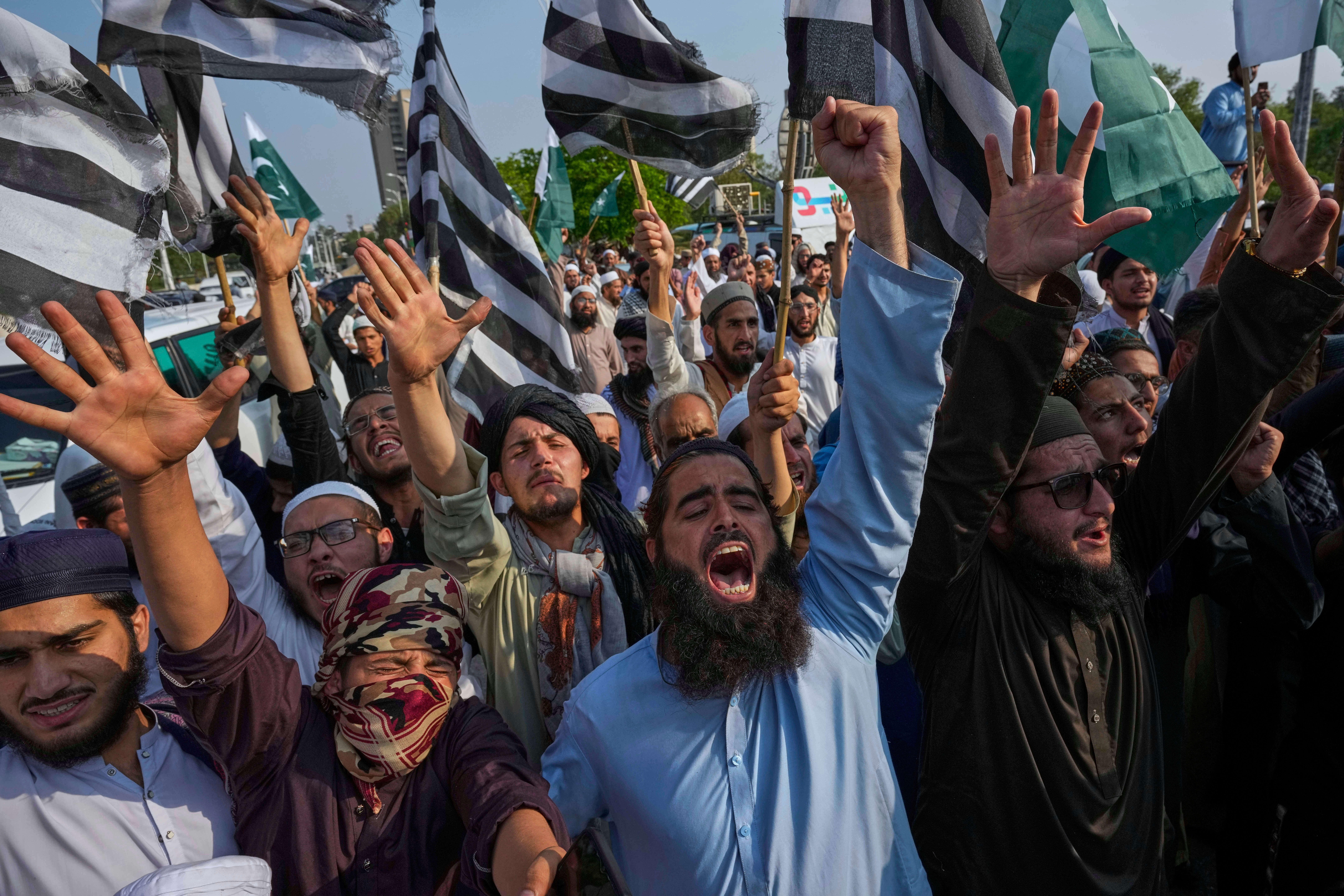 Supporters of a religious party 'Jamiat Ulema-e-Islam-F' chant anti-India slogans during a demonstration to condemn Indian strikes in Pakistan and to show their support with Pakistan military, in Islamabad, Pakistan, during conflict