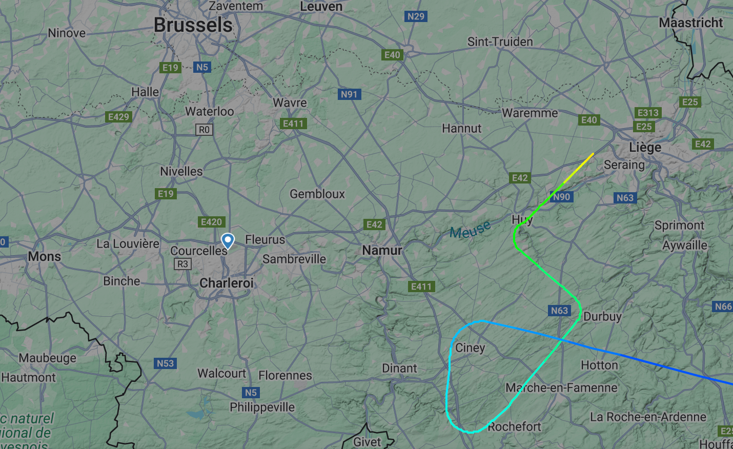 Avoiding action: Flightpath of Ryanair plane diverted from Brussels-Charleroi to Liege in Belgium