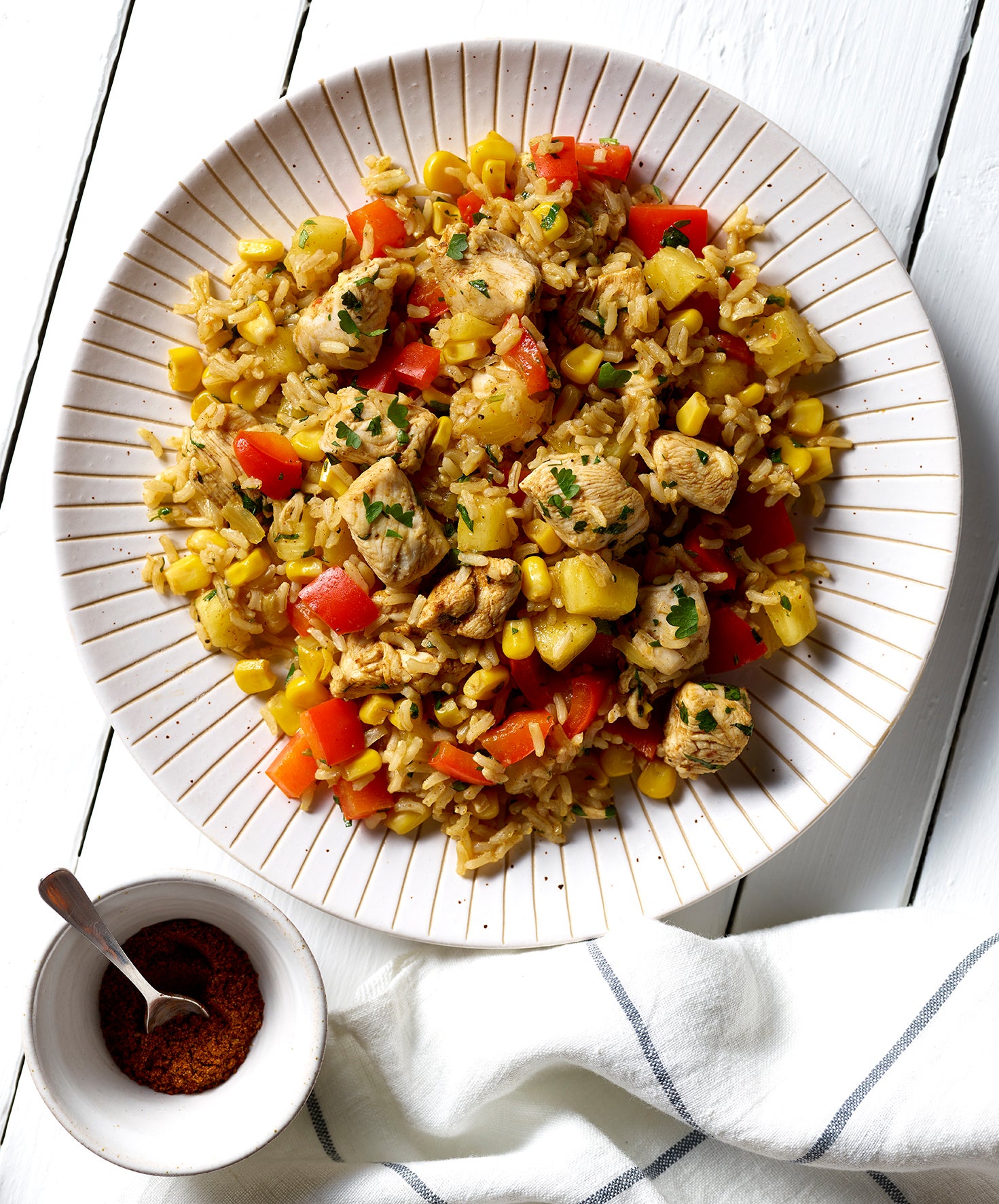 Pineapple, sweetcorn and jerk seasoning do all the heavy lifting here