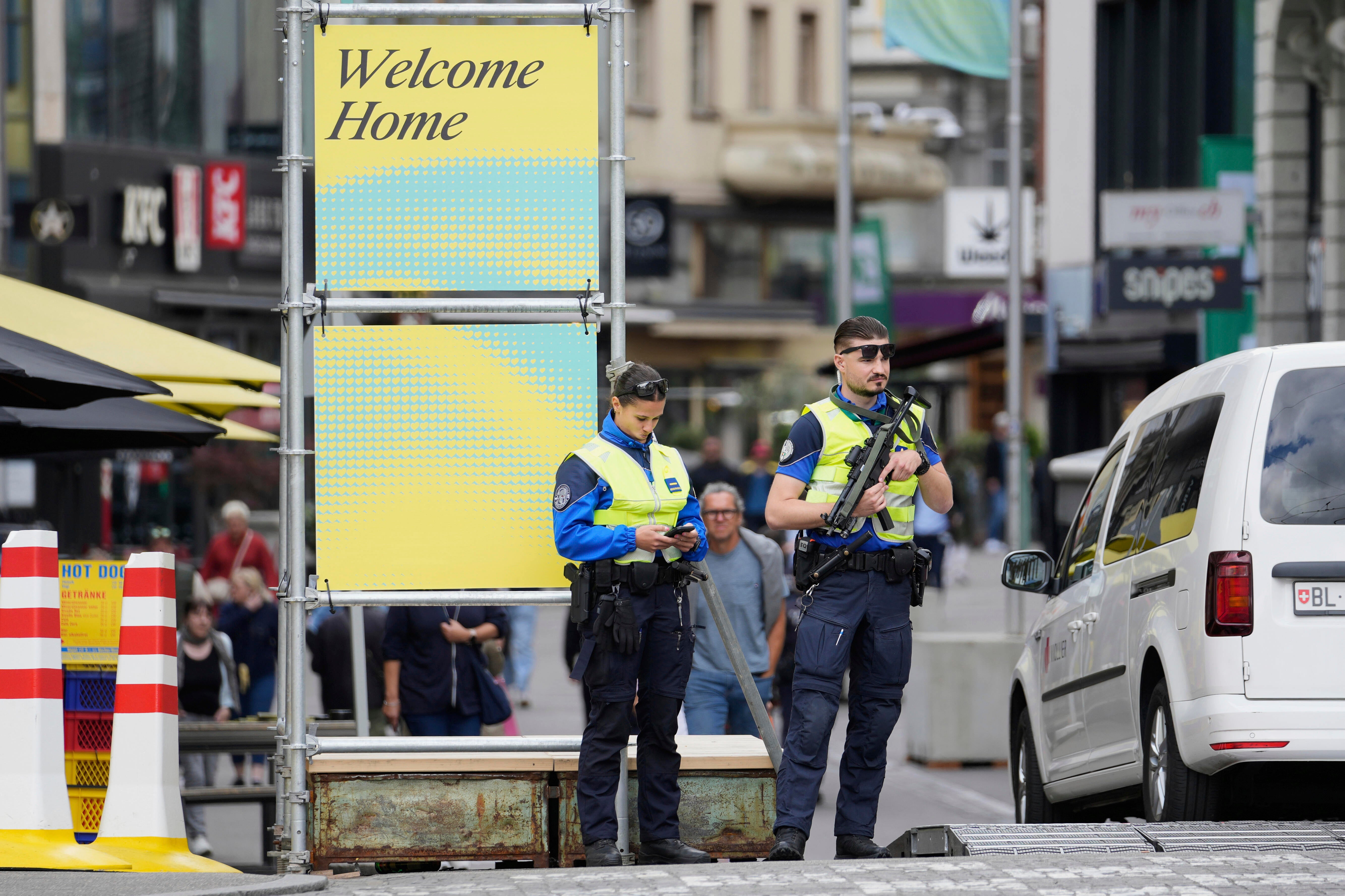 Police secure a street in the city centre ahead of the first semi-final of the 69th Eurovision Song Contest, in Basel, Switzerland (Martin Meissner/AP)