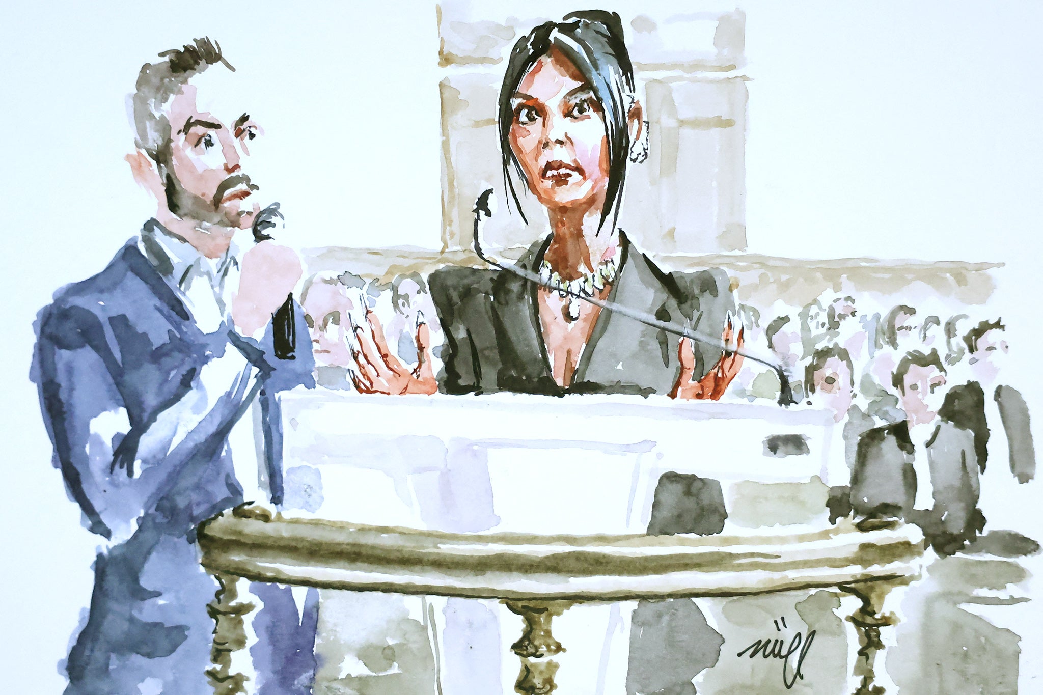A sketch of Kim Kardashian as she testifies in court on 13 May