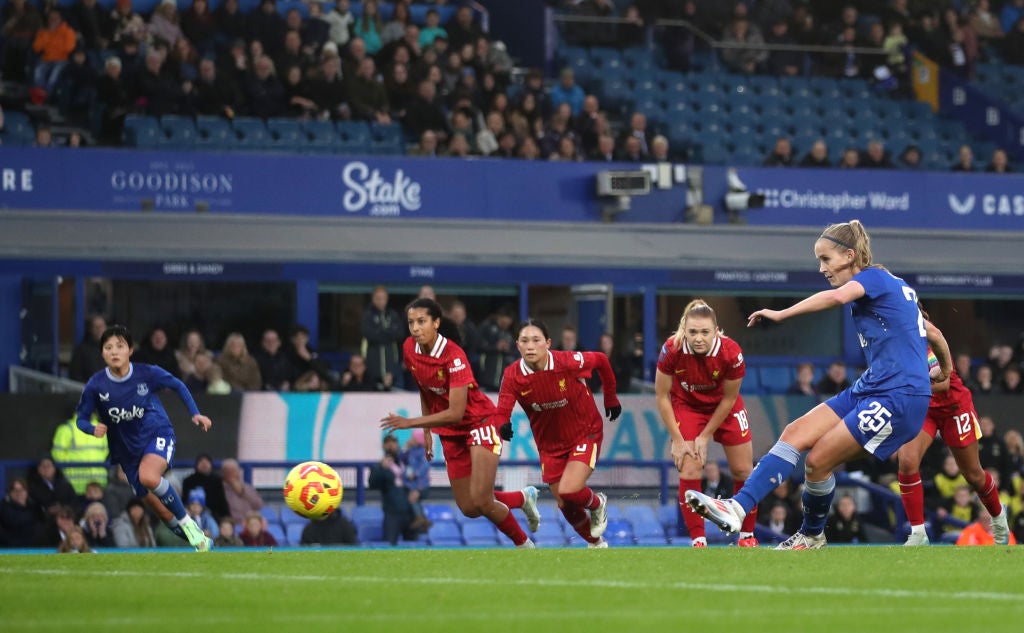 Everton's women's team in action against Liverpool at Goodison Park