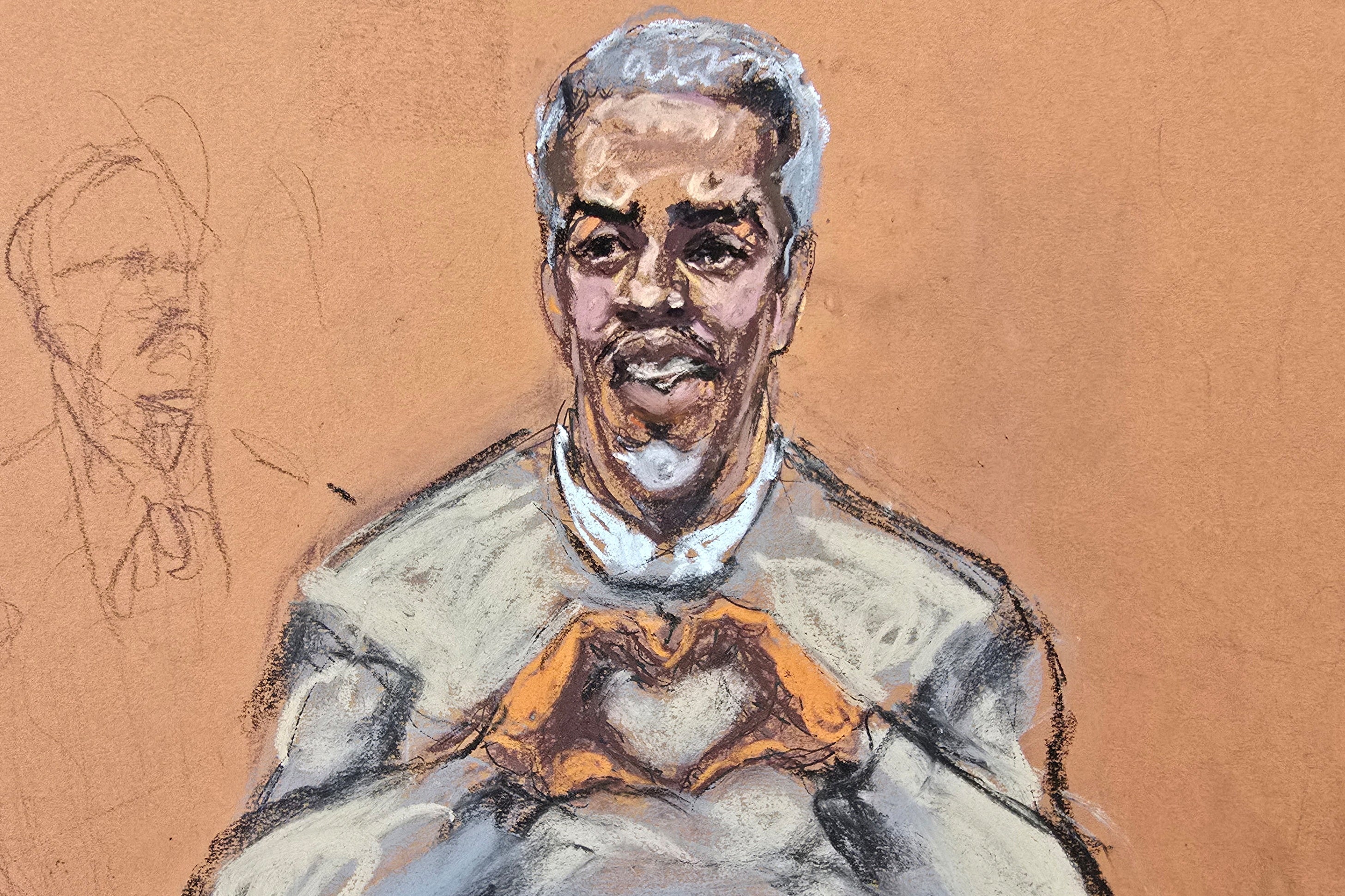 A court sketch shows Sean 'Diddy' Combs making a heart-shaped hand gesture to his family after he arrived in court for day two of his sex trafficking trial.