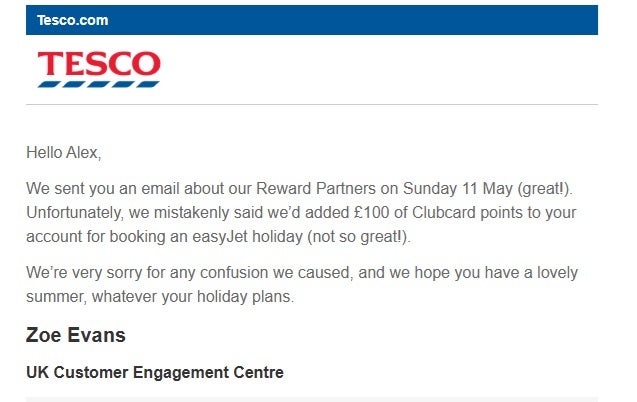 The email sent by Tesco to customers after the supermarket mistakenly told shoppers they had received £100 in Clubcard points