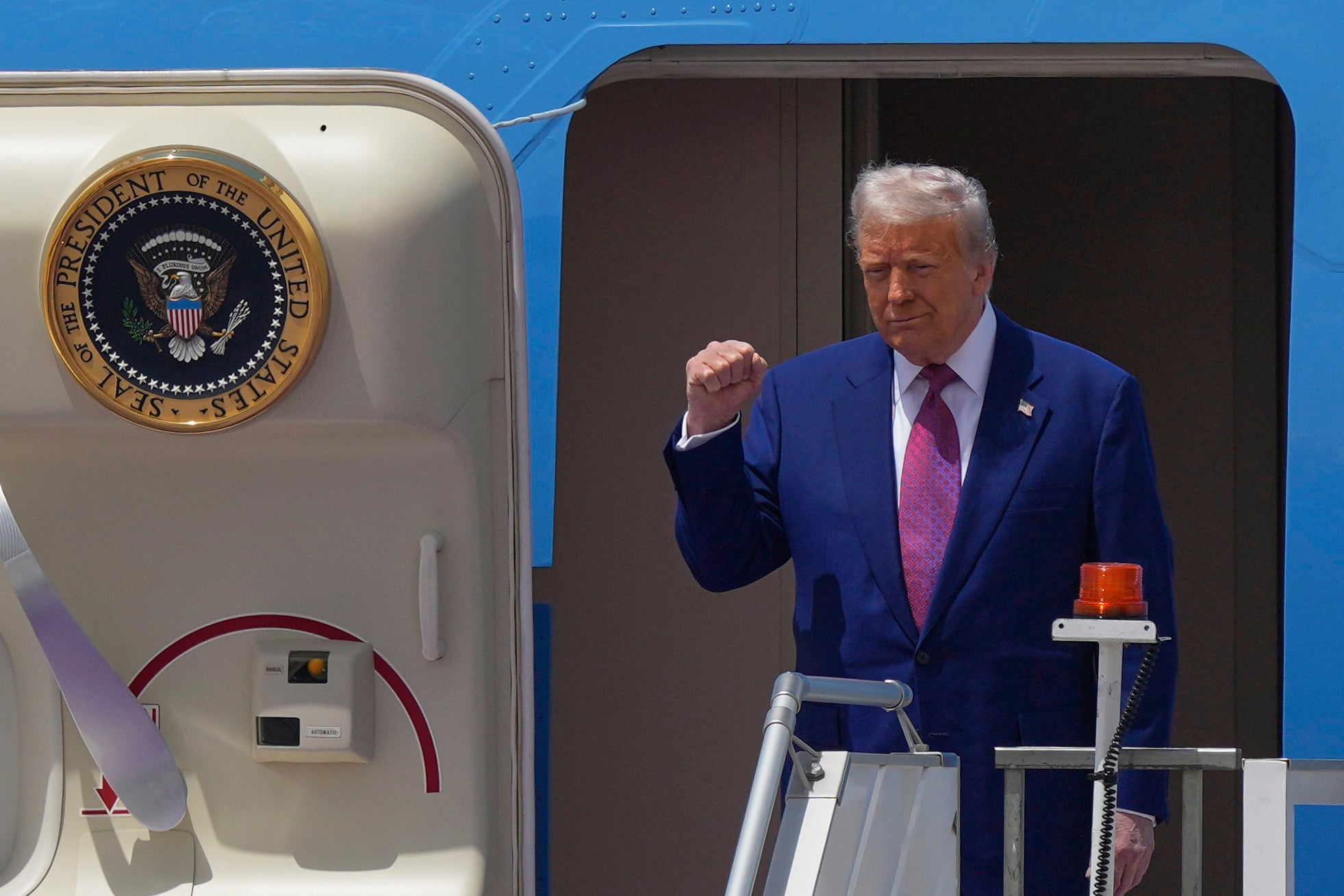 President Donald Trump arrives on Air Force One at King Khalid International Airport Royal Terminal in Riyadh, Saudi Arabia, Tuesday, 13 May 2025