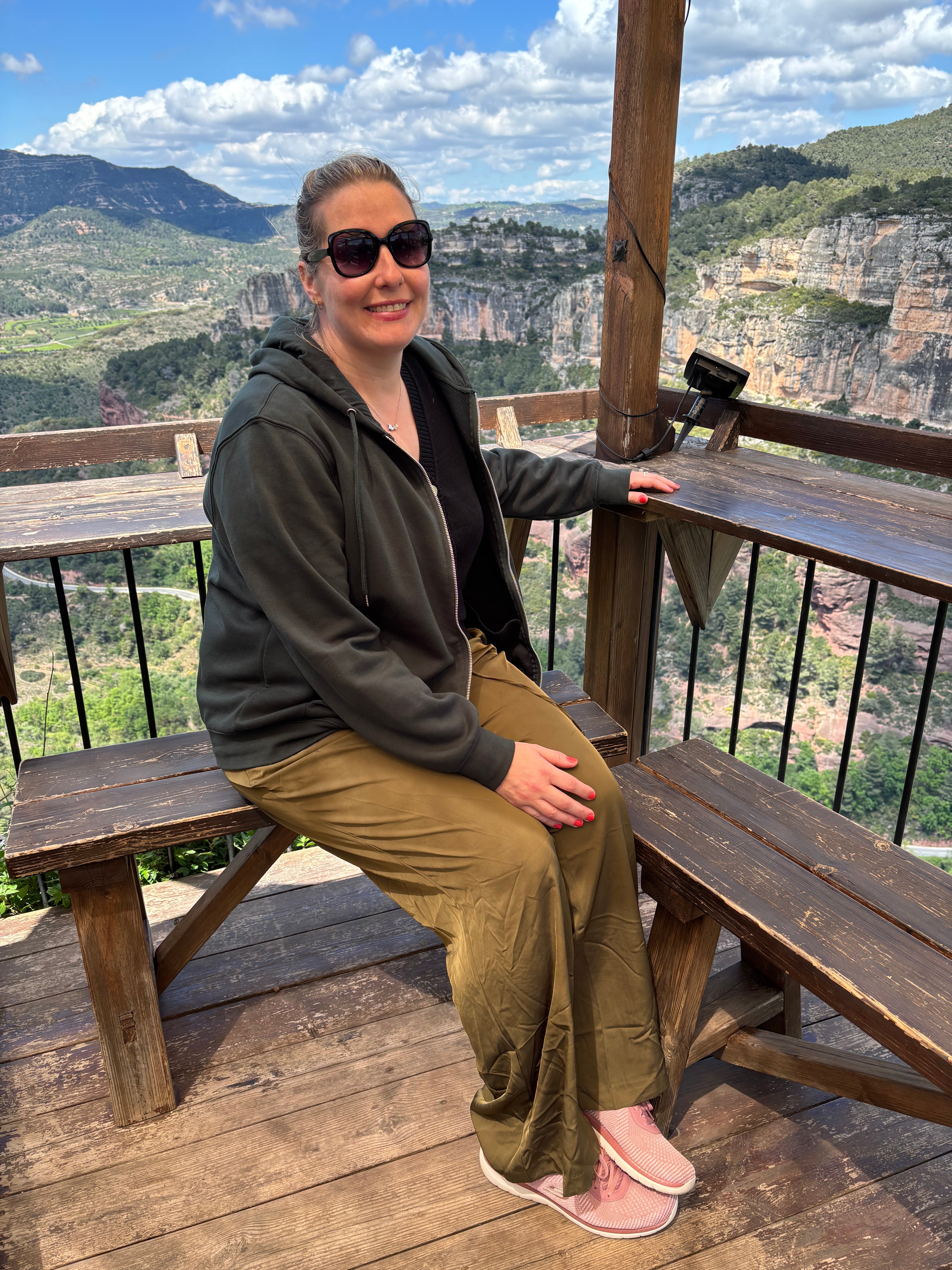 Writer Rebecca Black enjoys the views from the eaterie Refugi in the village of Siurana in Spain