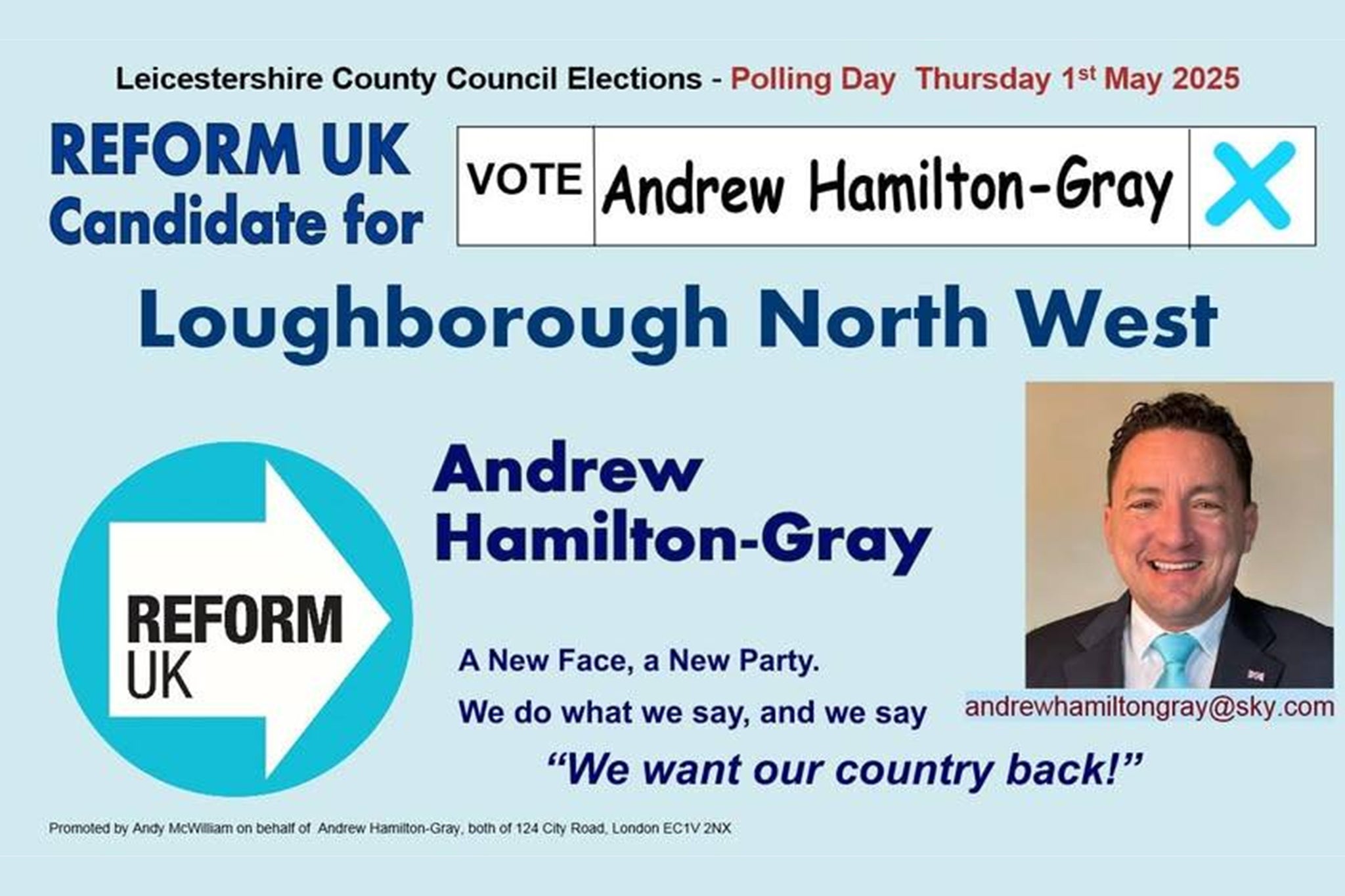 A flyer encouraging people to vote for Mr Hamilton-Gray in Loughborough