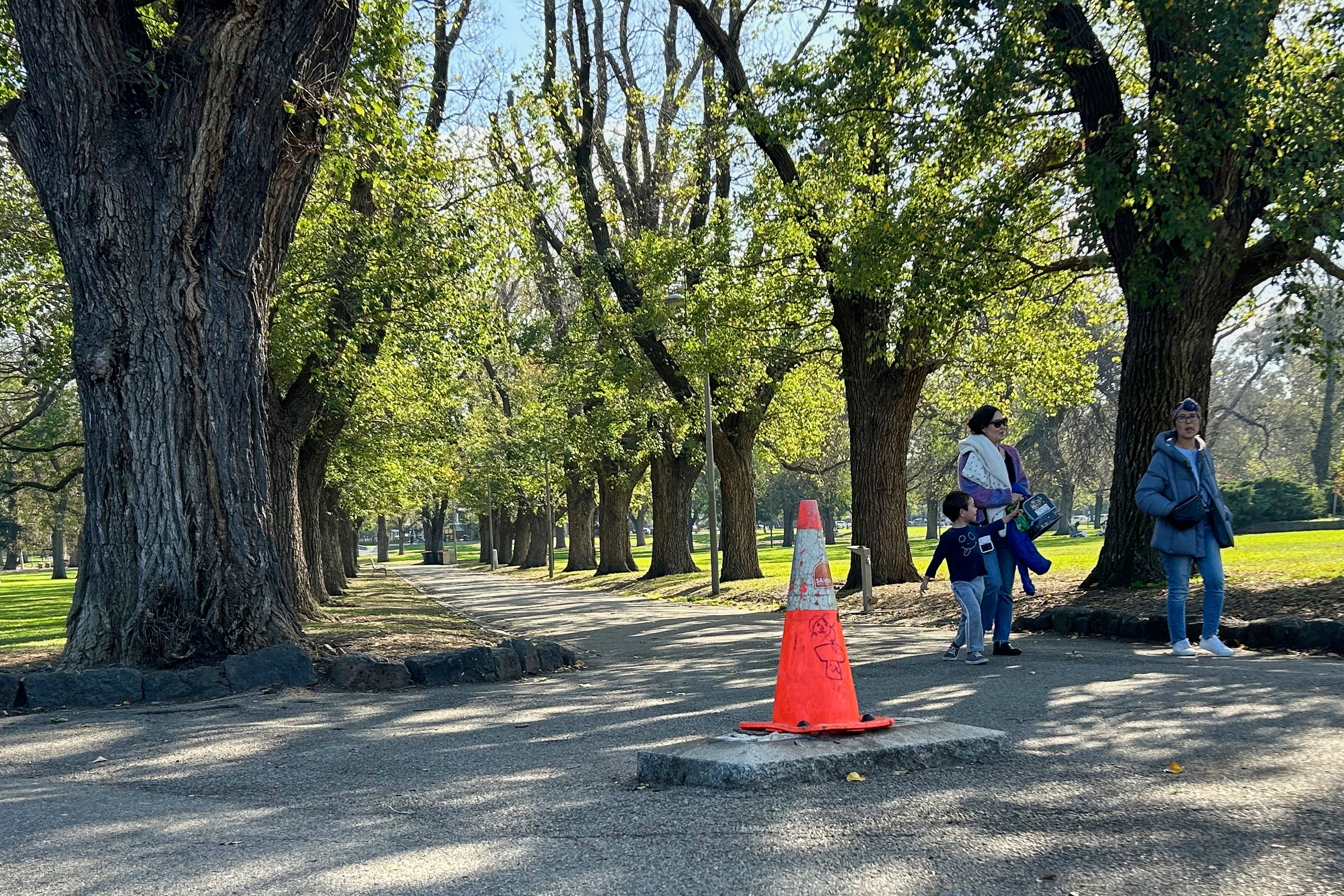 A traffic cone sits where a monument of the British explorer once stood