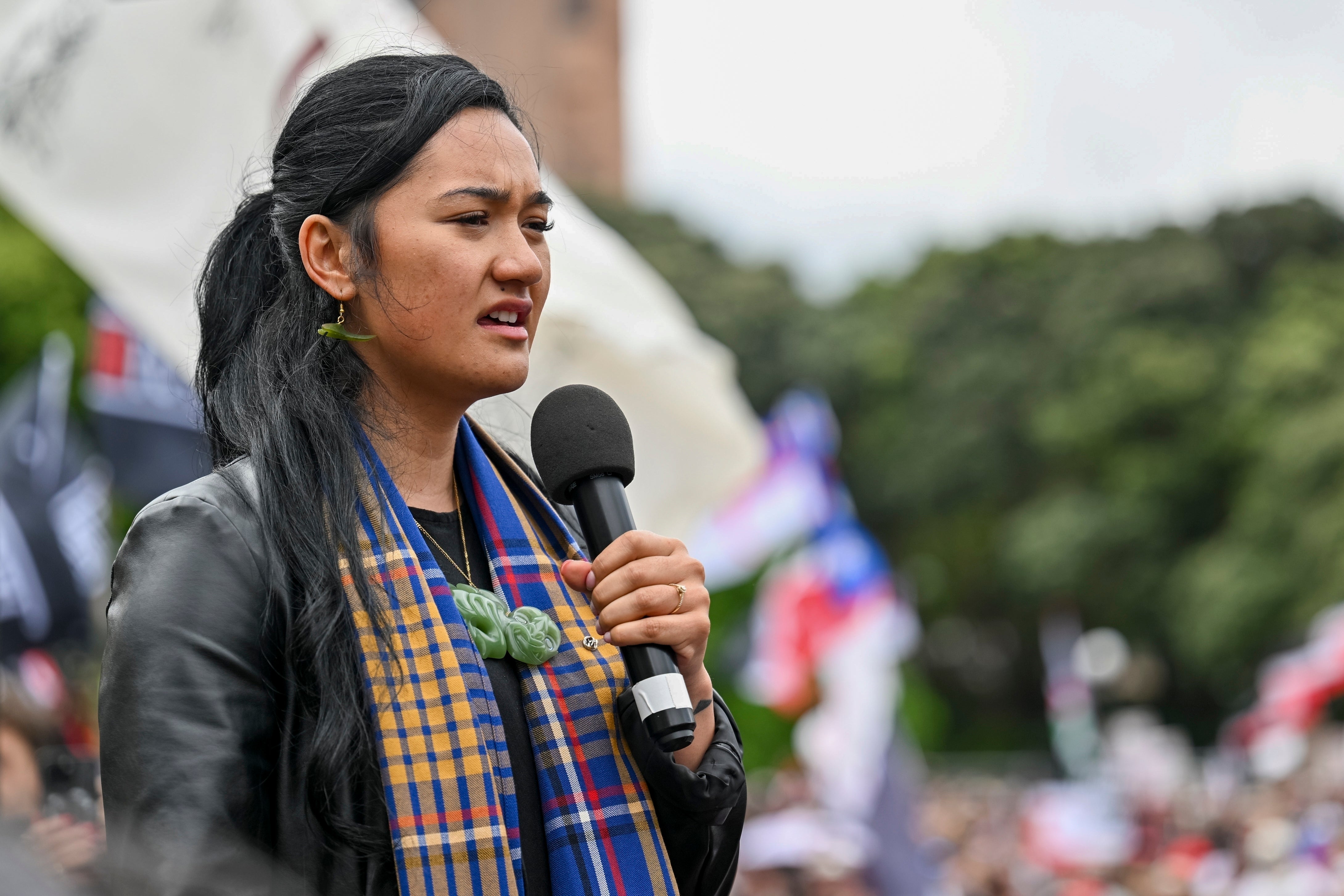 File Hana-Rāwhiti Maipi-Clarke speaks to the thousands of people gathered outside New Zealand's parliament to protest a proposed law that would redefine the country's founding agreement between Indigenous Māori and the British Crown