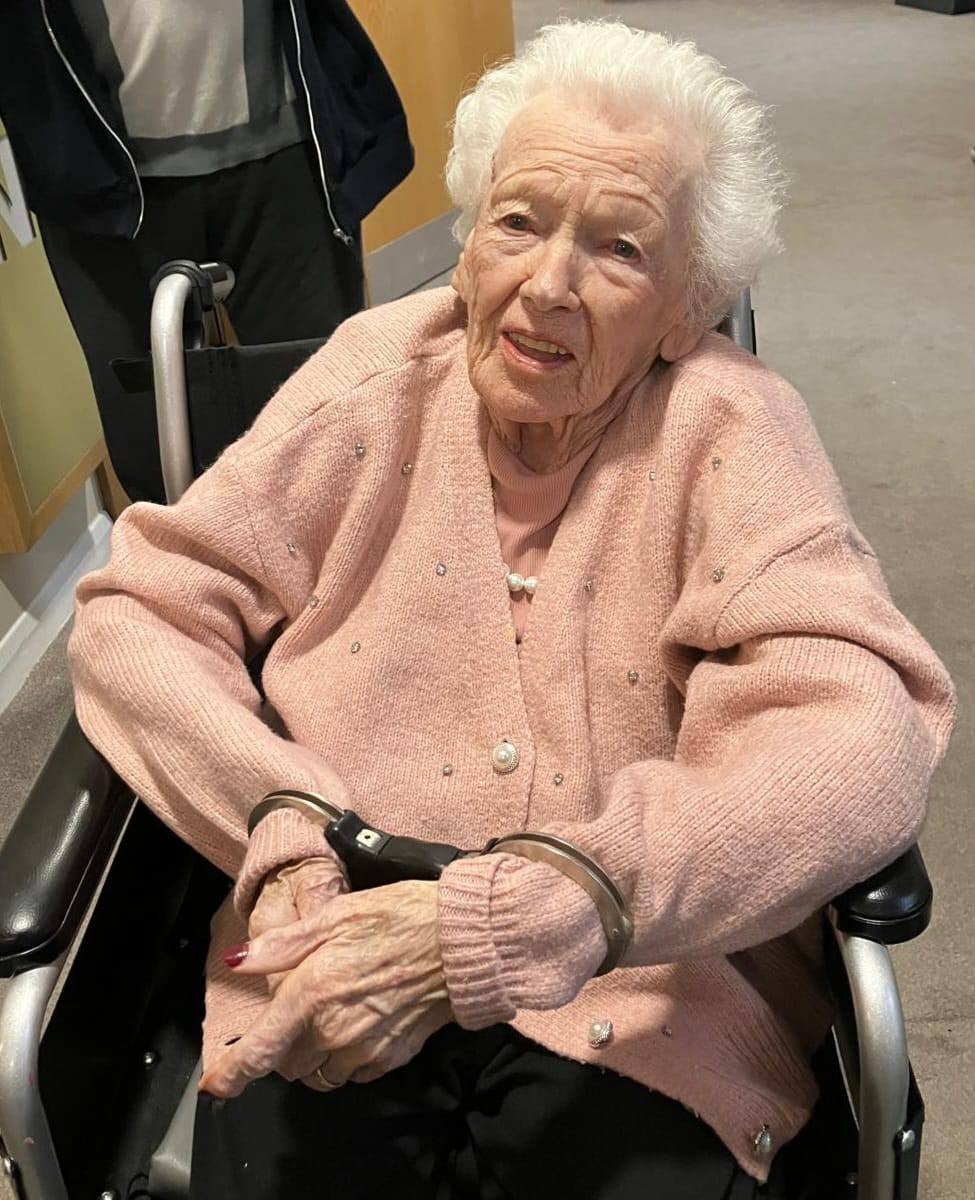 Maggie Clarke was placed under arrest on her birthday as part of a surprise orchestrated by the staff