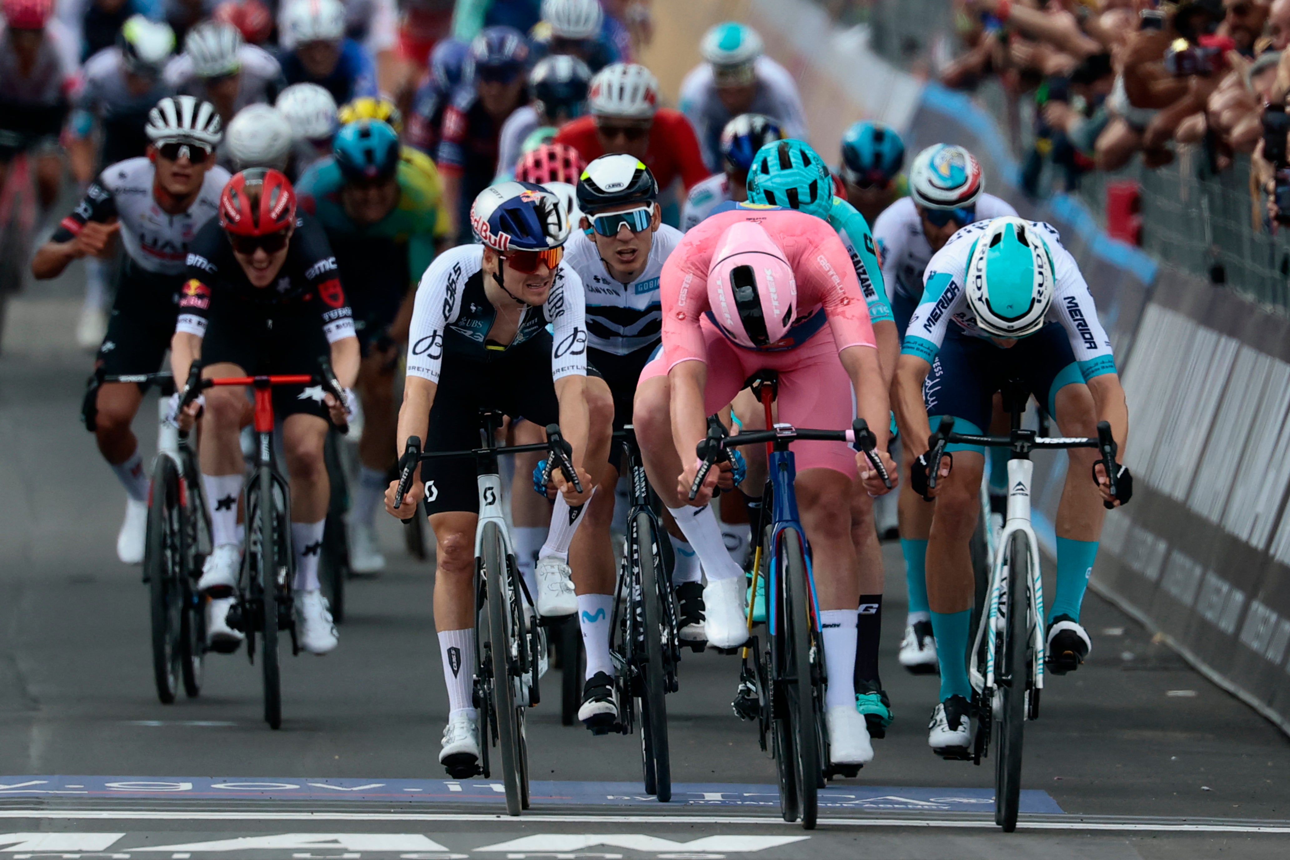 Mads Pedersen took his third stage win with a late charge