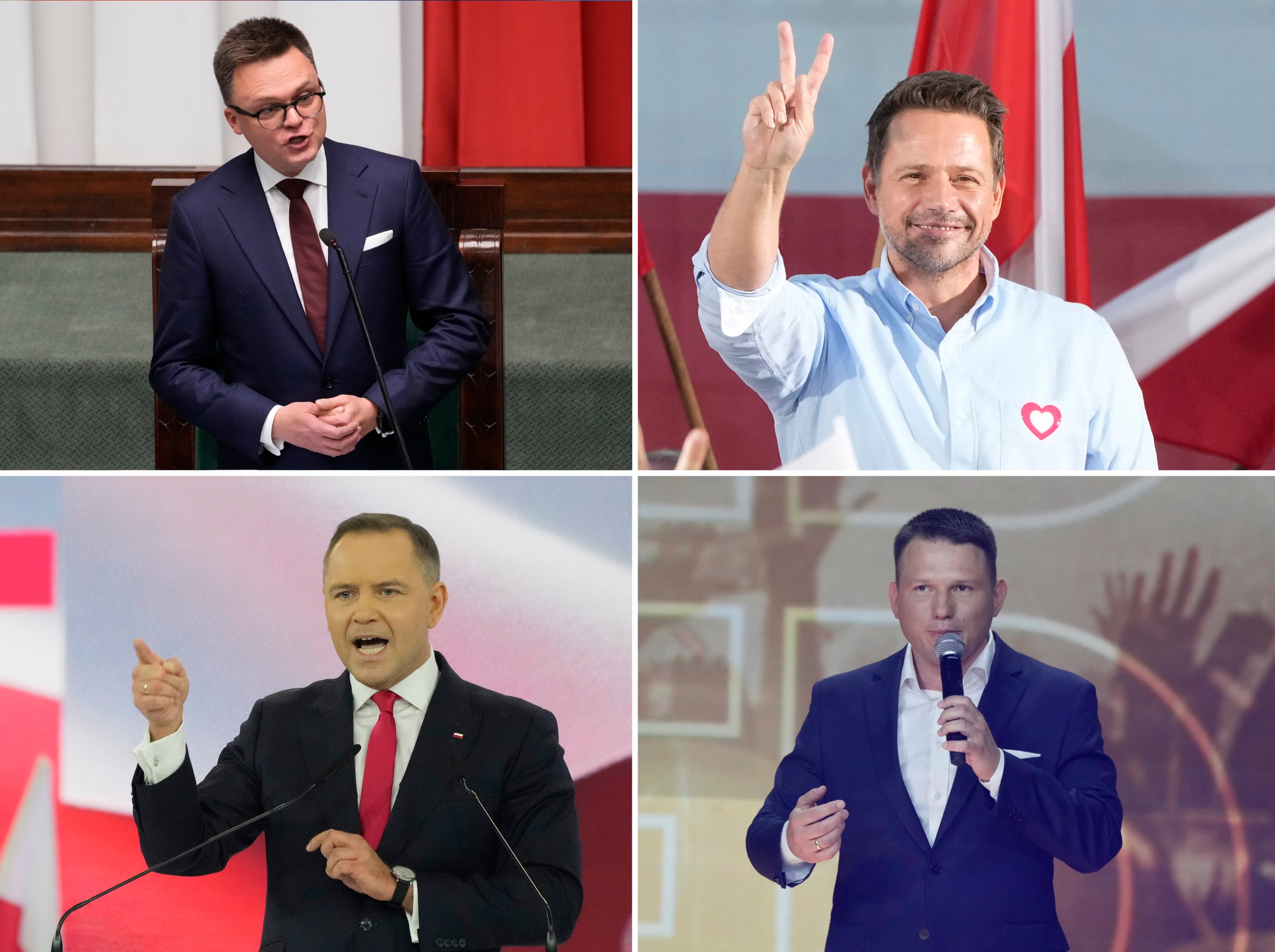 The top four candidates for the Polish presidential election (clockwise): Szymon Hołownia, Rafal Trzaskowski, Sławomir Mentzen and Karol Nawrocki