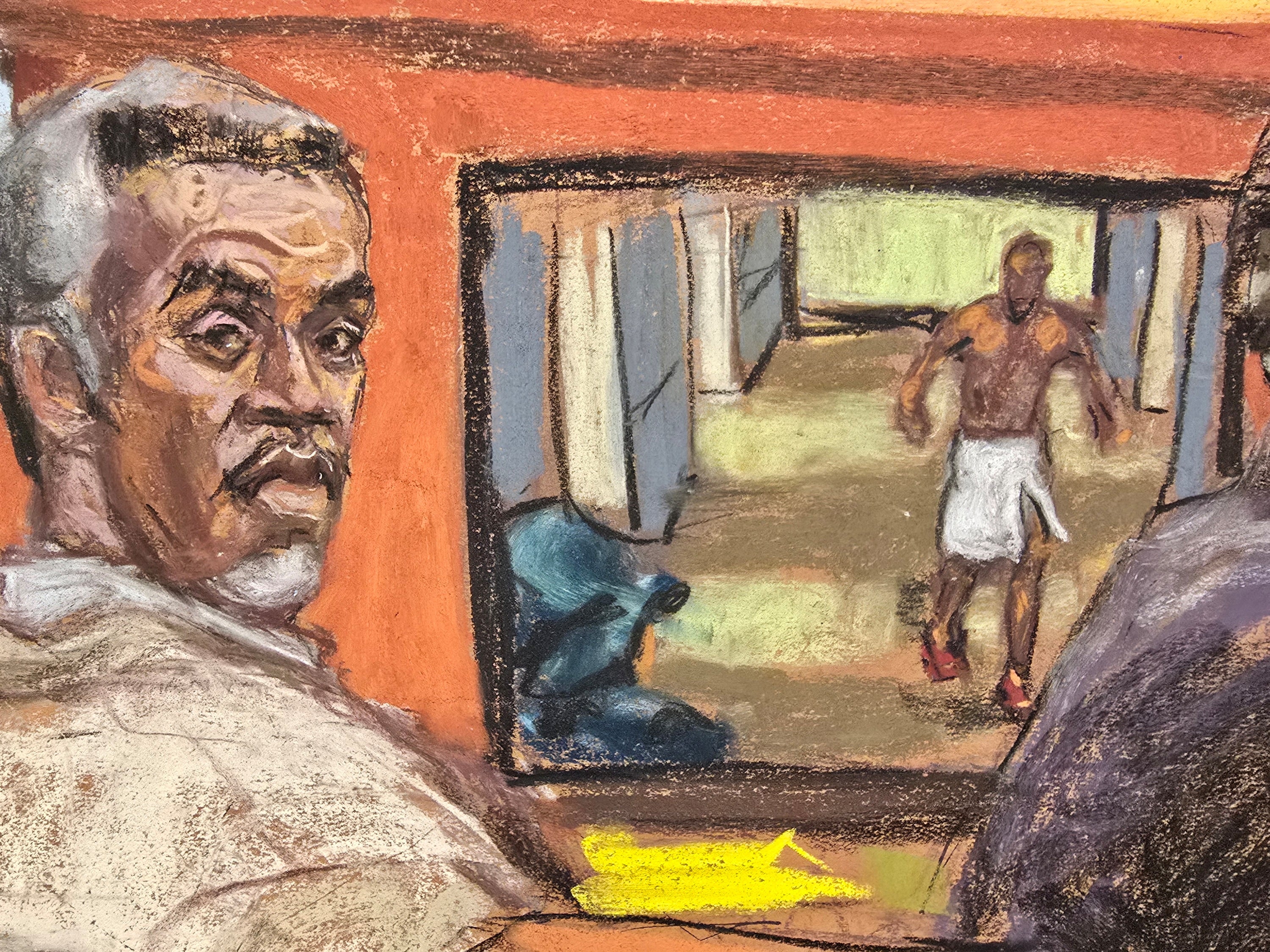 Sean "Diddy" Combs listens as his former girlfriend, Casandra "Cassie" Ventura (not seen), testifies as a video from a hotel security camera is played at his federal trial for sex trafficking