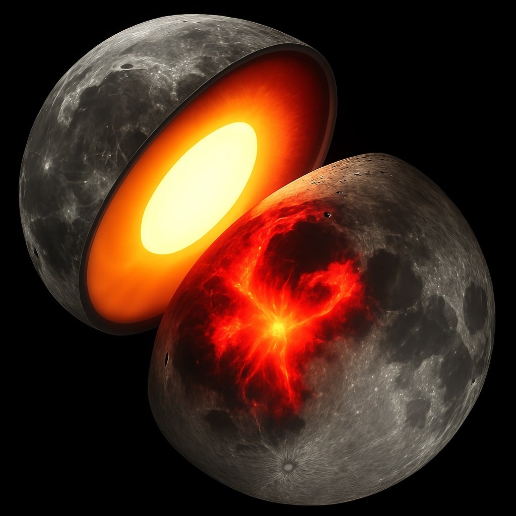 This artist’s concept shows the moon’s hot interior billions of years ago. Now, NASA researchers say they’ve gotten a closer look inside the celestial body