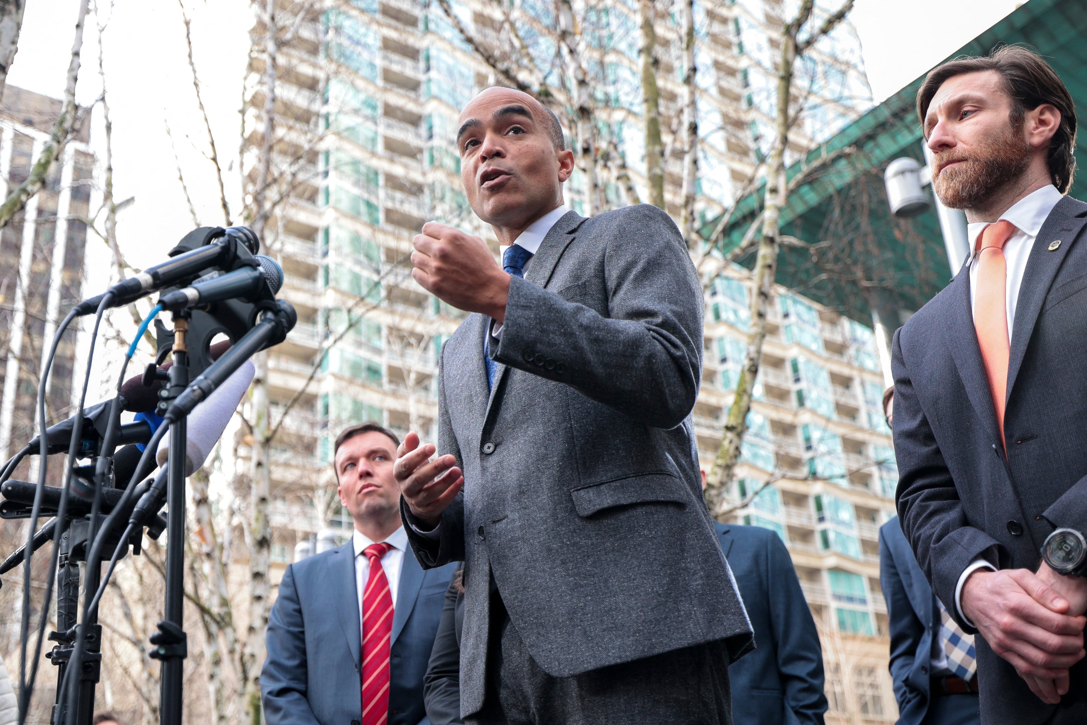 Washington Attorney General Nick Brown speaks outside a federal court in Seattle in February after a federal judge blocked Trump's attempt to end birthright citizenship