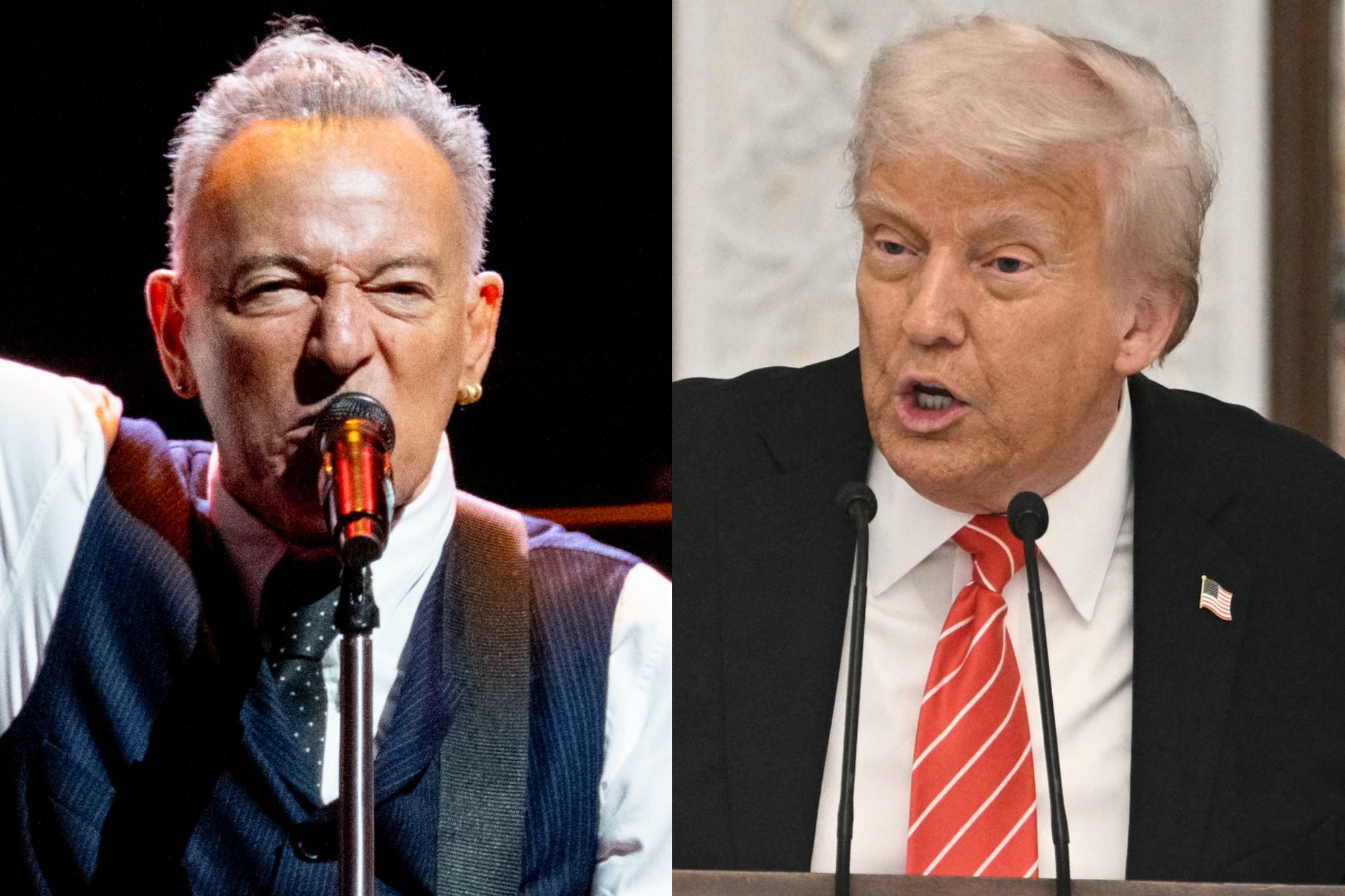 Bruce Springsteen (left) in Manchester, where he railed against the 'corrupt' Donald Trump (right)