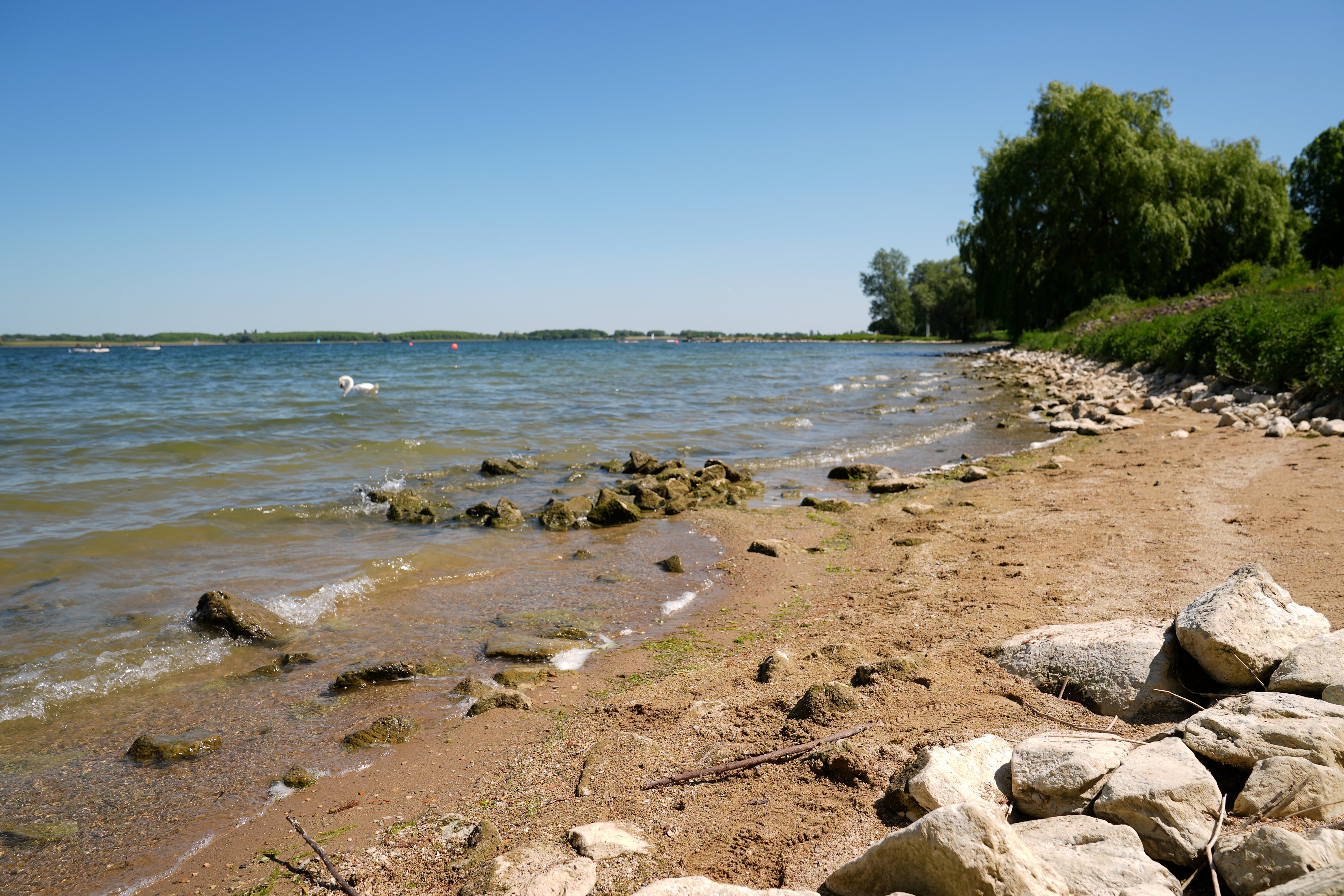 Grafham Water reservoir in Cambridgeshire, where the public has seen the driest start to spring in 69 years, leading to low reservoir levels, struggling crops and wildfires