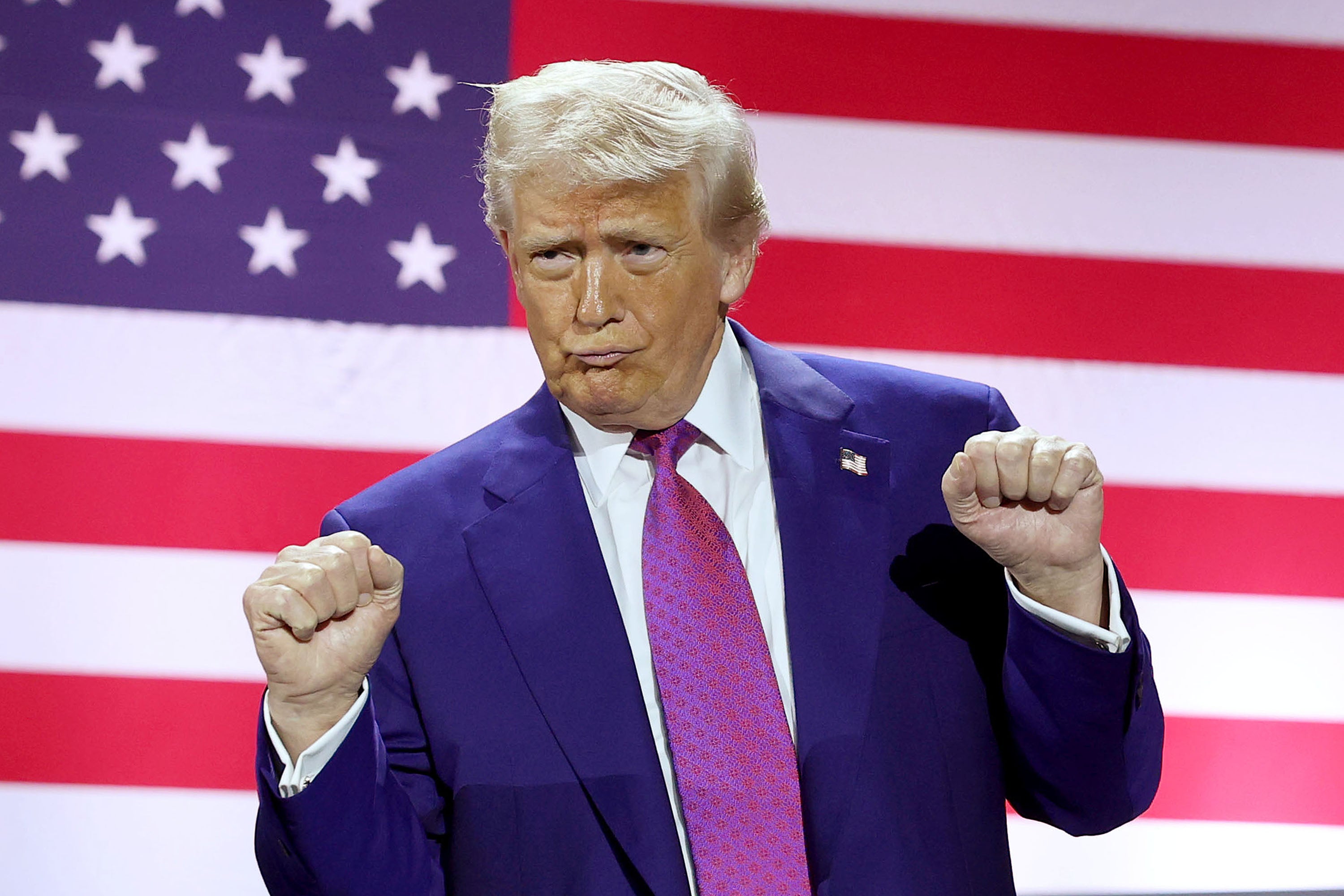 Donald Trump pictured dancing to his signature YMCA theme song after his address