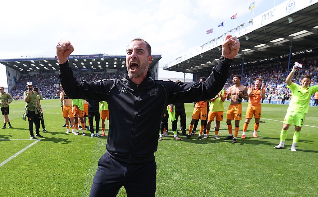 Ruben Selles celebrates after Hull drew at Portsmouth to avoid relegation