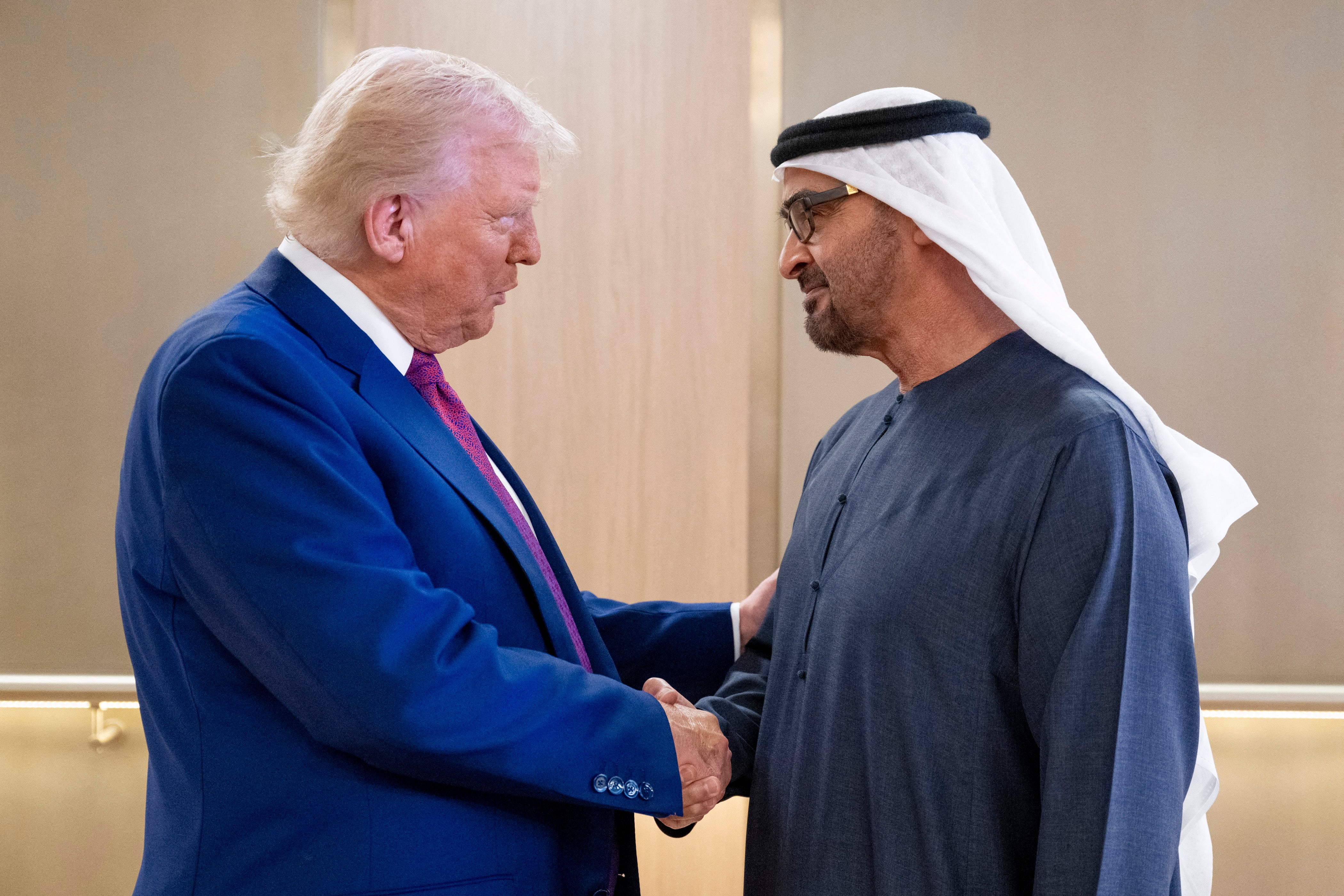President Donald Trump shakes hands with President Sheikh Mohamed bin Zayed Al Nahyan in Abu Dhabi, UAE, last May during his visit to the Middle East